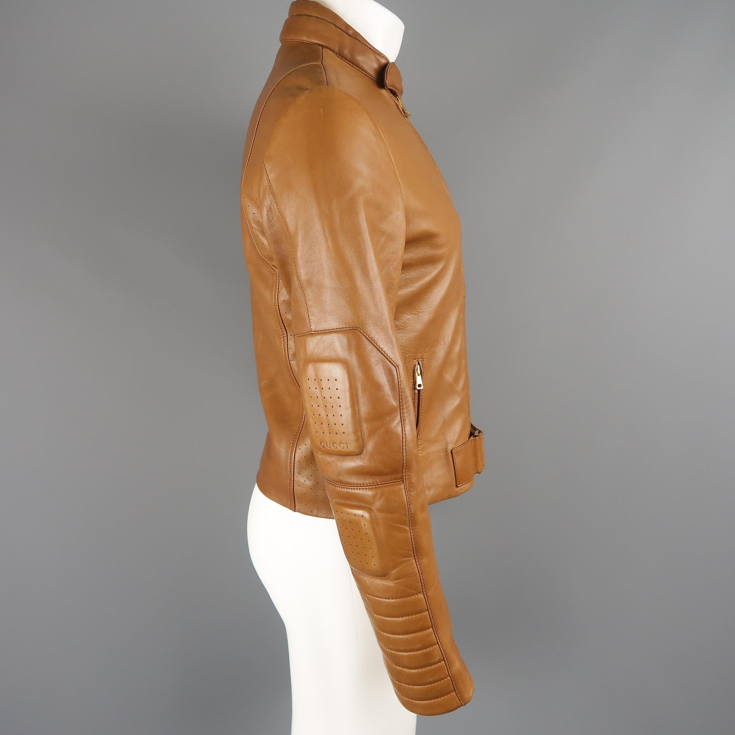Men's Gucci By Tom Ford Tan Leather Padded Sleeve Biker Jacket