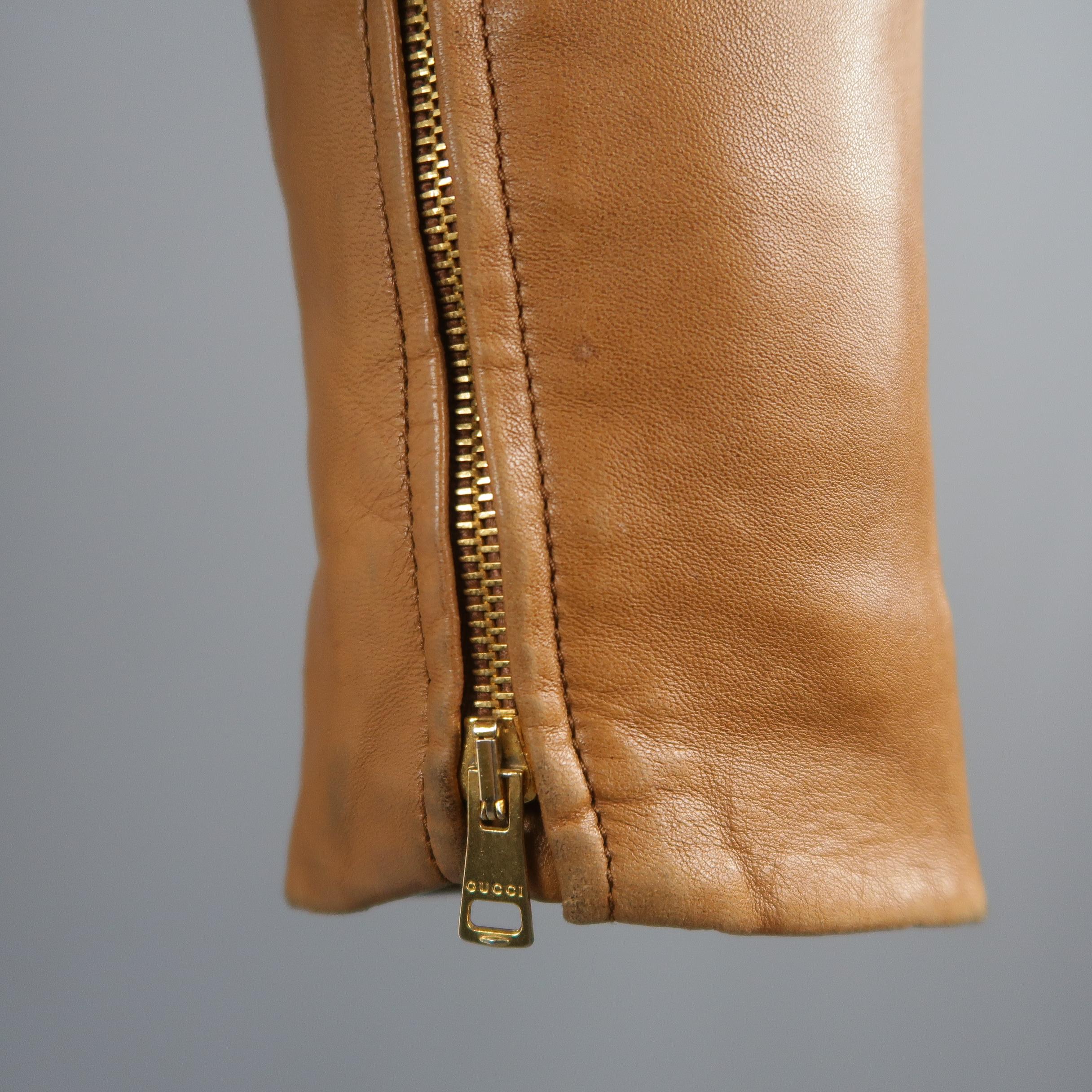 Gucci By Tom Ford Tan Leather Padded Sleeve Biker Jacket In Good Condition In San Francisco, CA