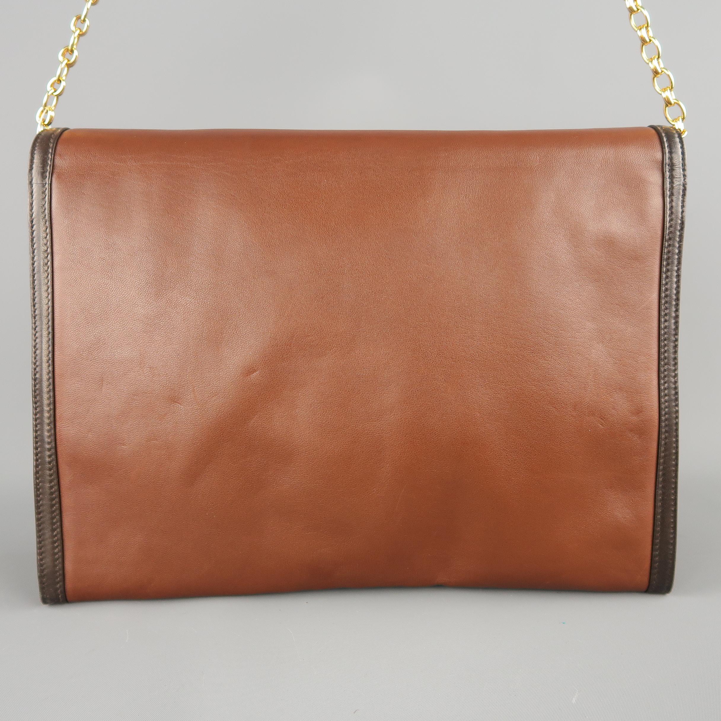 Chanel Vintage Brown Two Tone Leather Gold Chain CC Shoulder Bag, 1980s  1