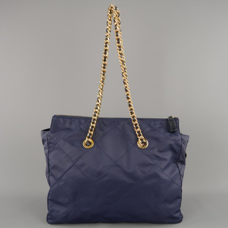 Prada Vintage Navy Quilted Nylon Gold Chain Straps Shoulder Bag at