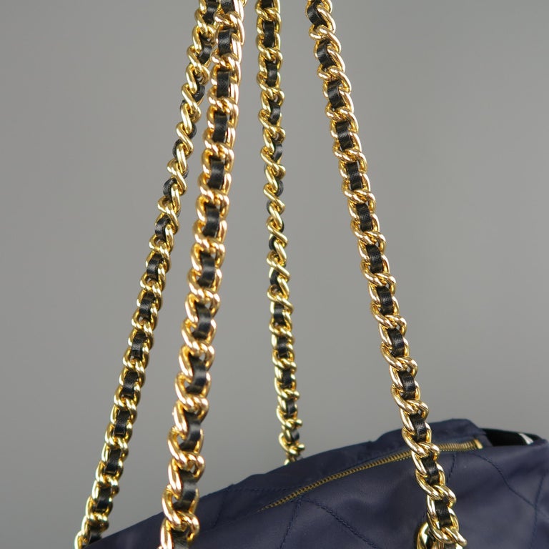 Prada Vintage Navy Quilted Nylon Gold Chain Straps Handbag at 1stDibs | prada  black quilted nylon chain strap shoulder bag
