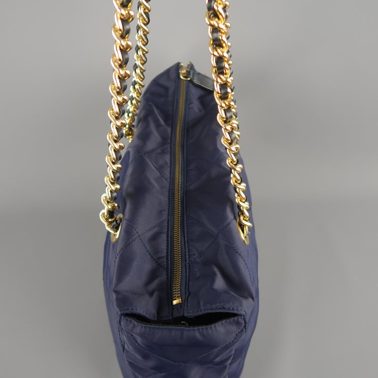 Prada Vintage Navy Quilted Nylon Gold Chain Straps Shoulder Bag at