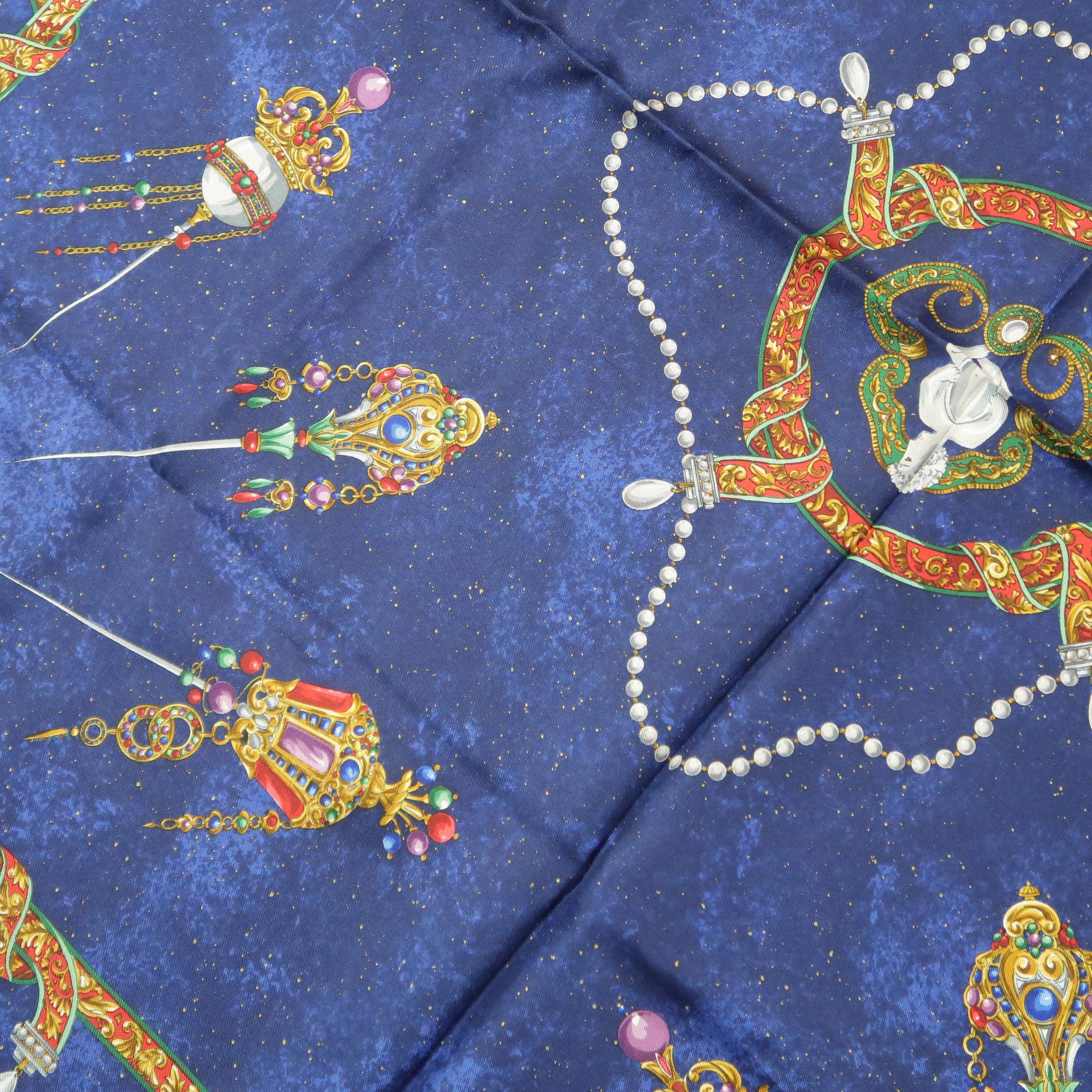 Women's or Men's Vintage BOTTEGA VENETA Navy Silk Royal Jewelry & Angels Scarf
