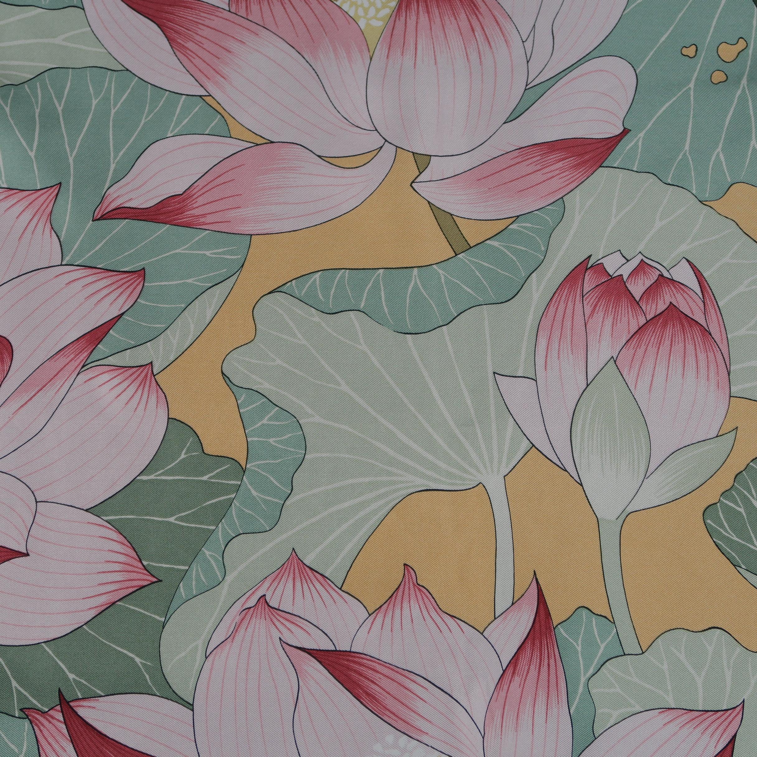 Beige Vintage HERMES Green & Pink Fleurs de Lotus Print Silk Scarf