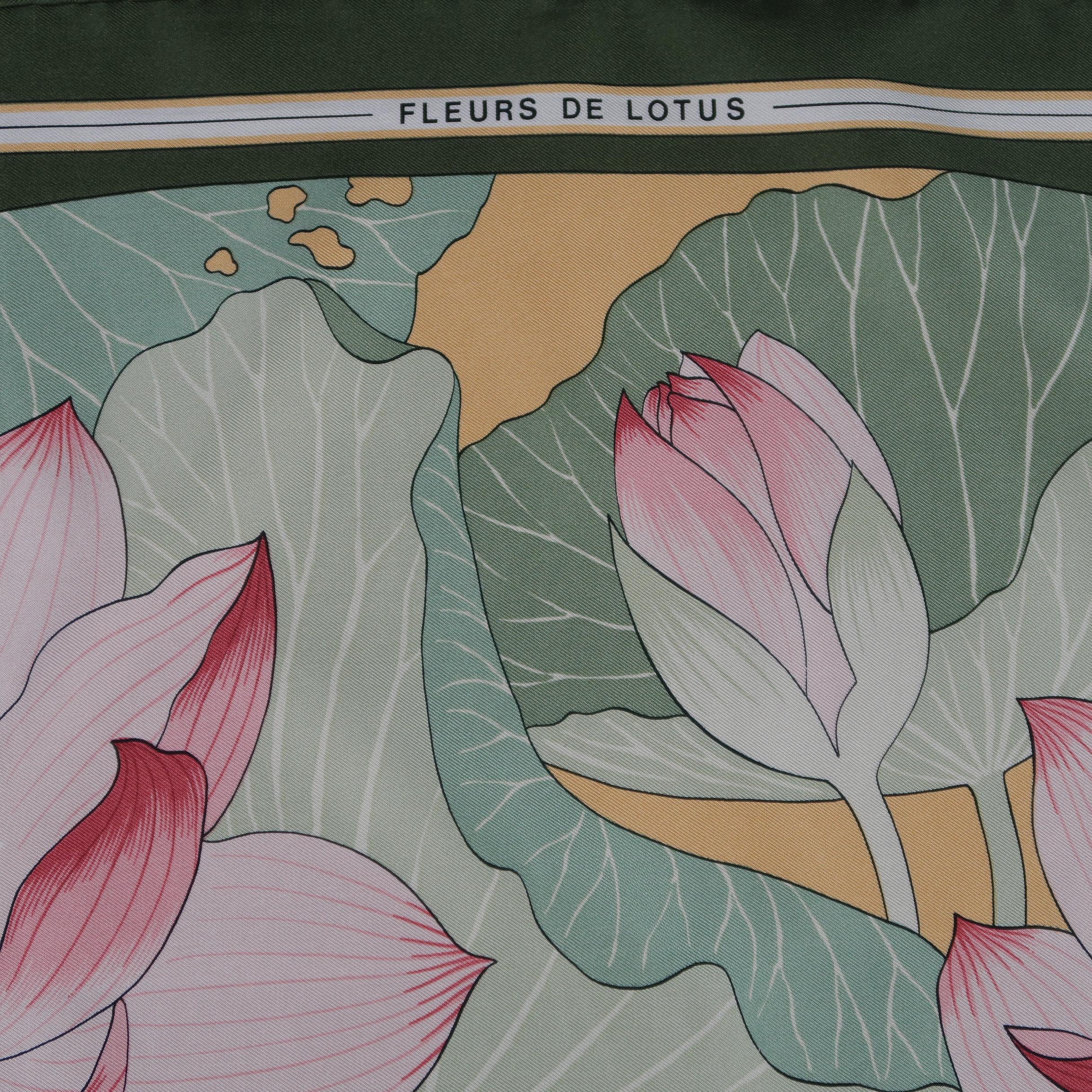 Vintage HERMES Green & Pink Fleurs de Lotus Print Silk Scarf In New Condition In San Francisco, CA