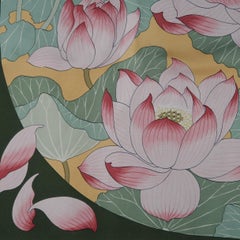 Vintage HERMES Green & Pink Fleurs de Lotus Print Silk Scarf