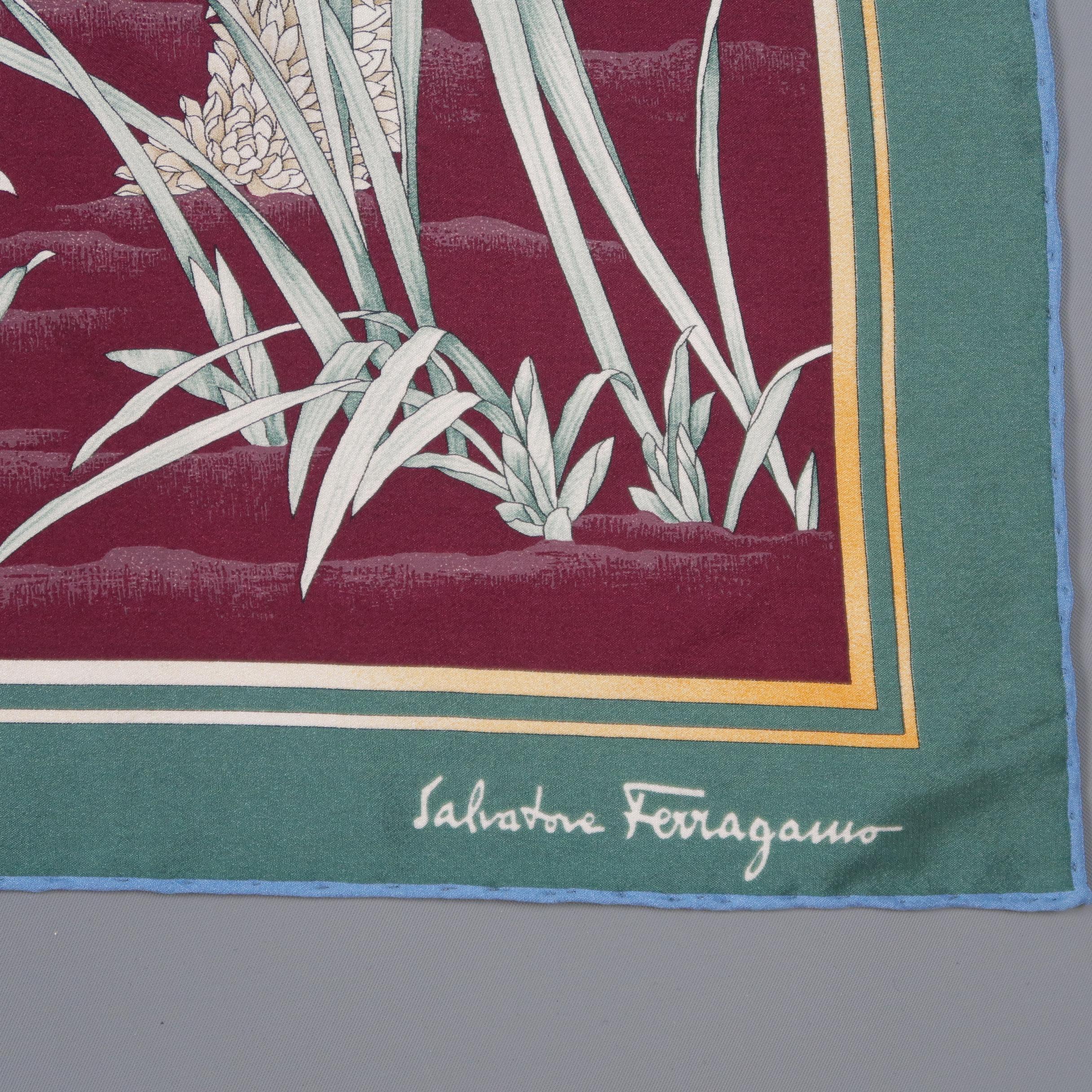 Vintage SALVATORE FERRAGAMO scarf comes in burgundy silk chiffon with teal trim and a floral dog with duck print. Discolorations shown in detail shots. As-is. With original packaging. Made in Italy.
 
Good Pre-Owned Condition.
 
90 x 90 cm.