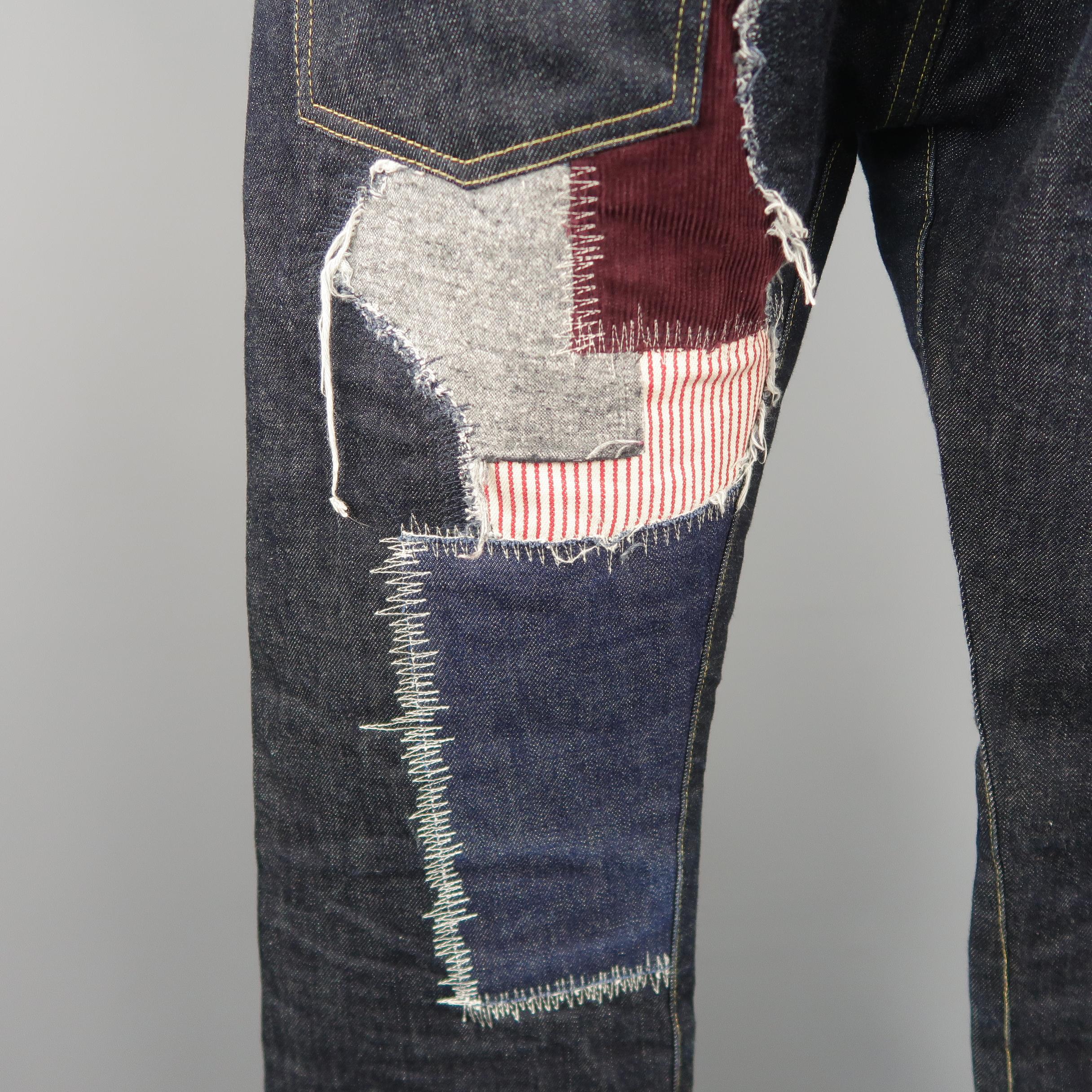 Men's JUNYA WATANABE Size S Indigo Distressed Patchwork Denim Jeans In Excellent Condition In San Francisco, CA