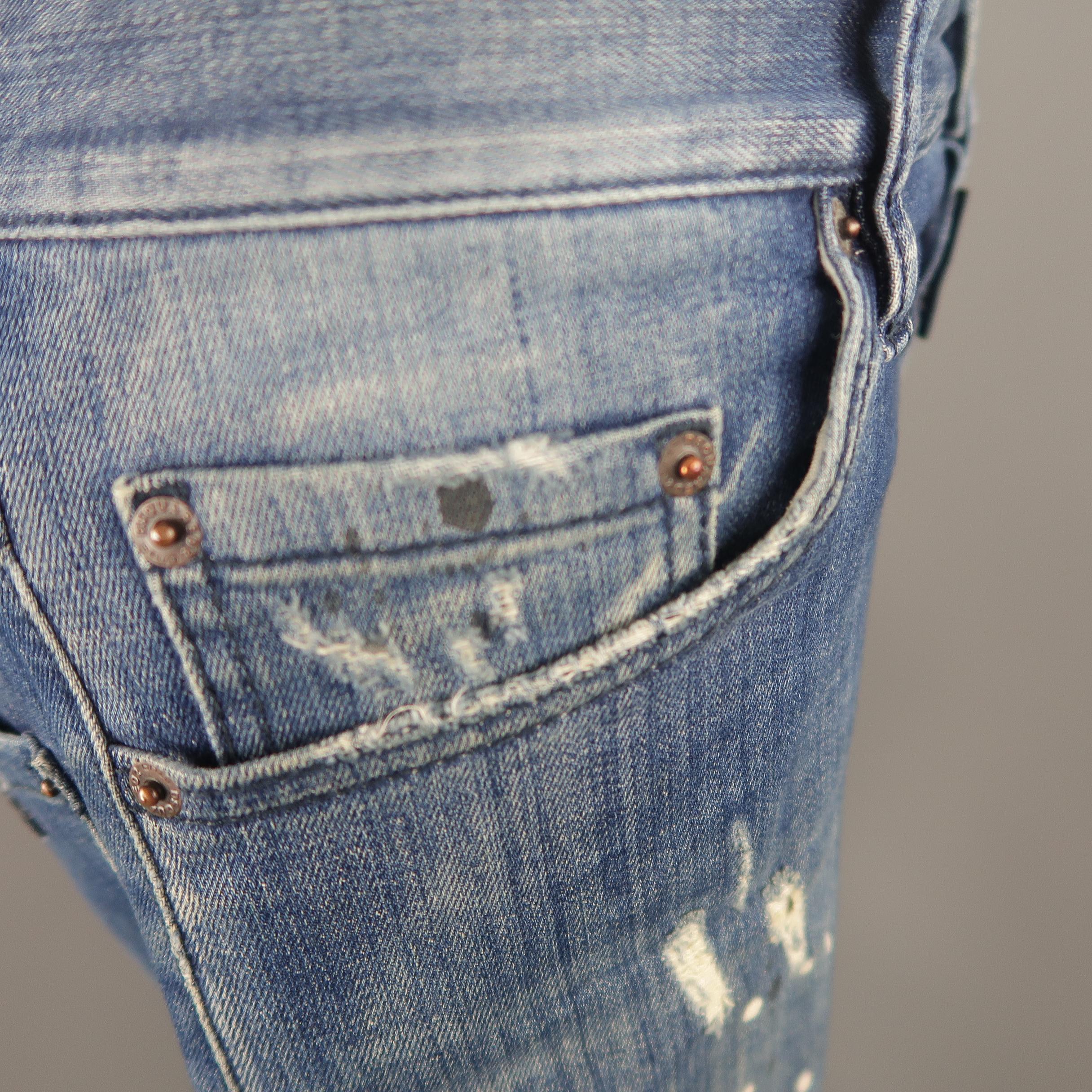 Men's DSQUARED2 Size 34 Medium Wash Distressed Denim Paint Splatter Jeans 1