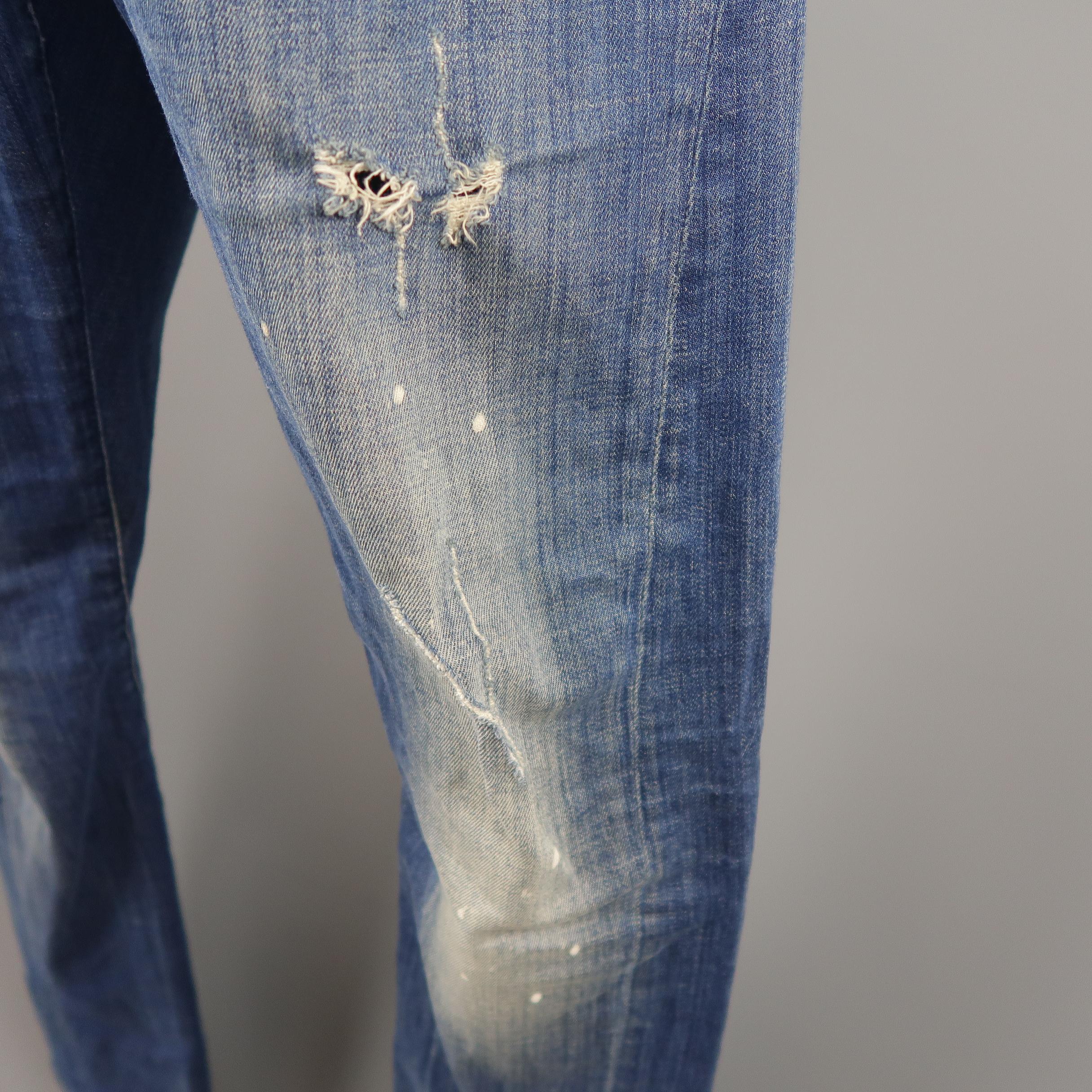 Men's DSQUARED2 Size 34 Medium Wash Distressed Denim Paint Splatter Jeans In Good Condition In San Francisco, CA