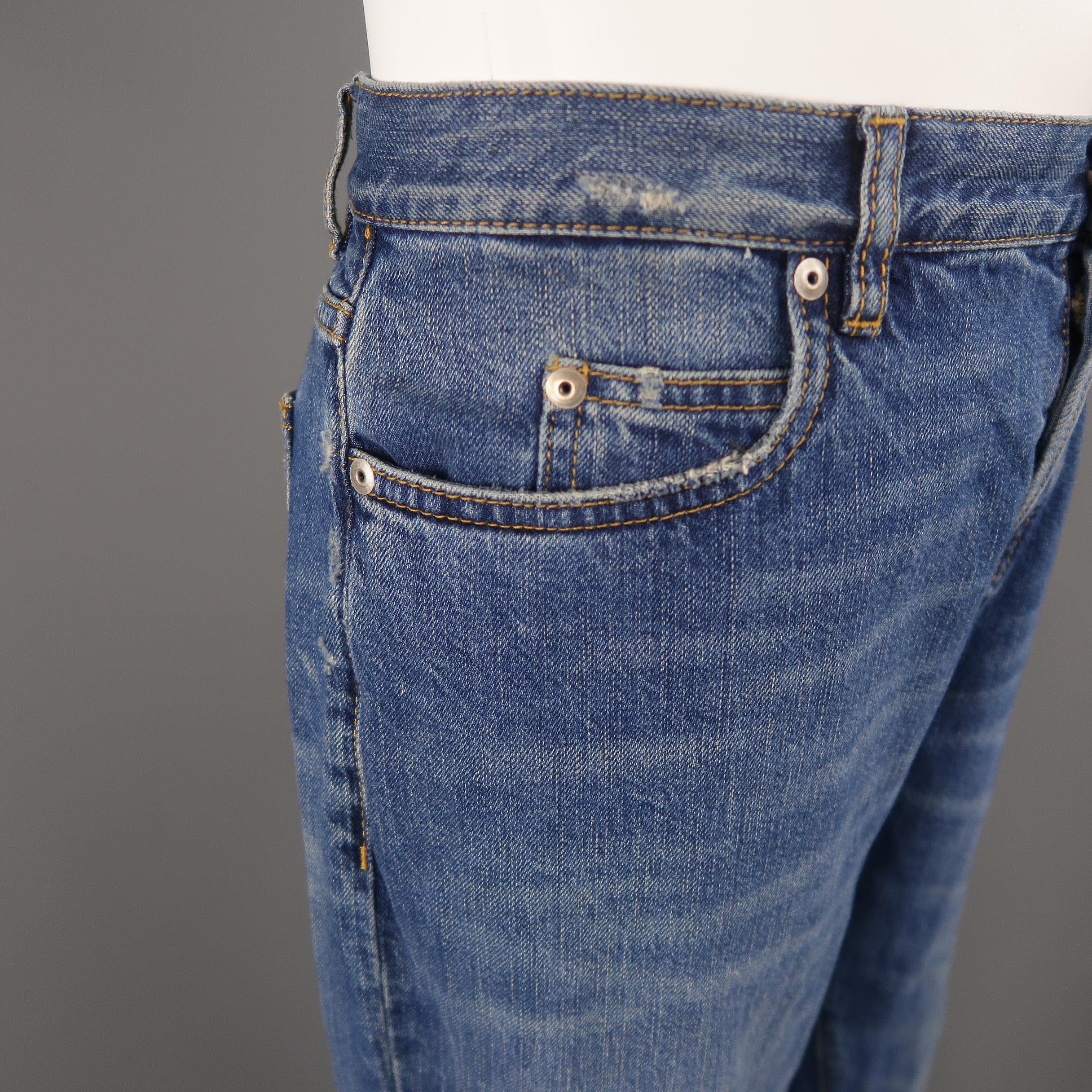 MAISON MARTIN MARGIELA Size 32 Medium Wash Distressed Denim Jeans In Excellent Condition In San Francisco, CA