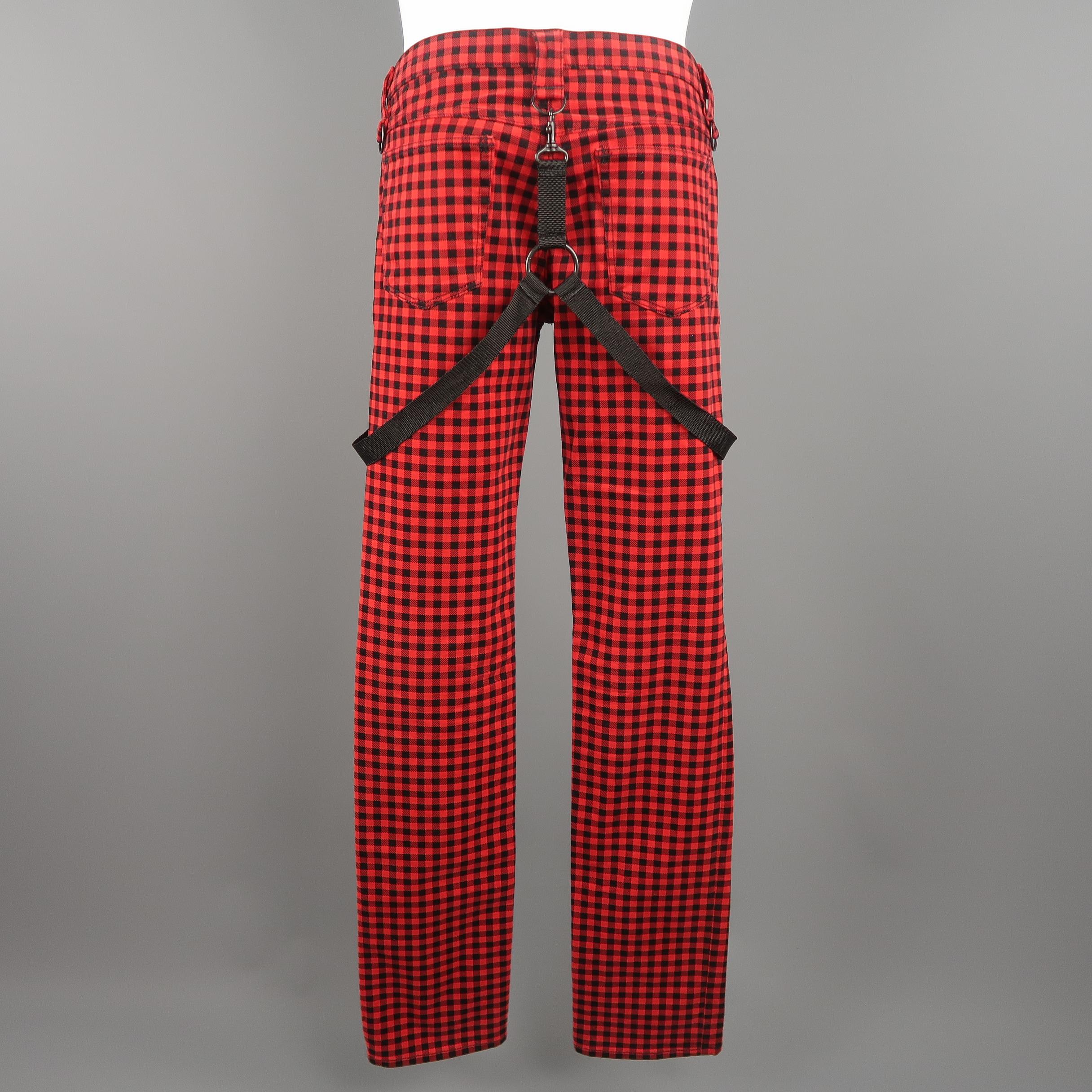 NUMBER (N)INE Size 30 Red & Black Gingham Bondage Strap Casual Pants In Excellent Condition In San Francisco, CA
