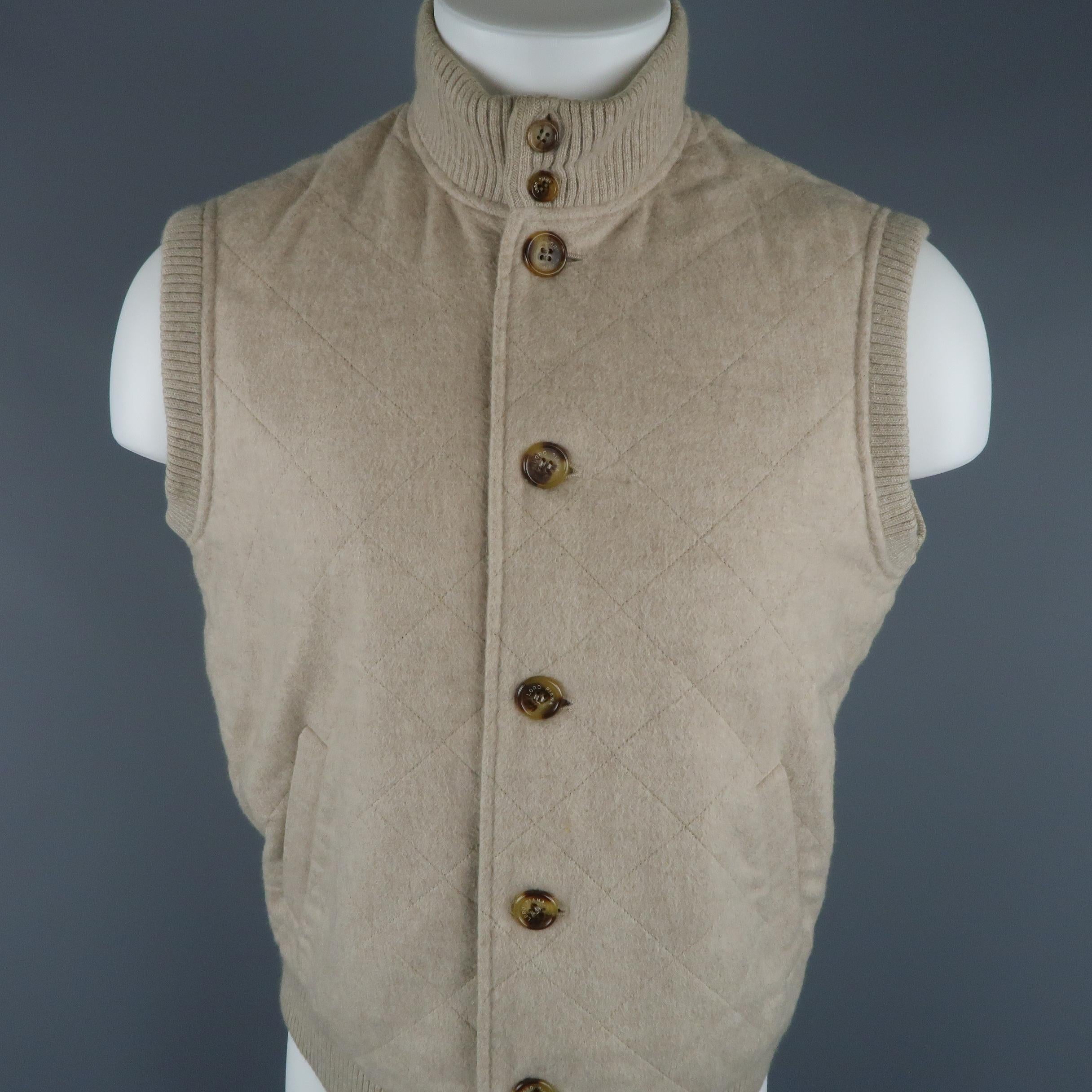 LORO PIANA S Oatmeal Beige Quilted Cashmere Ribbed Collar Vest In Excellent Condition In San Francisco, CA