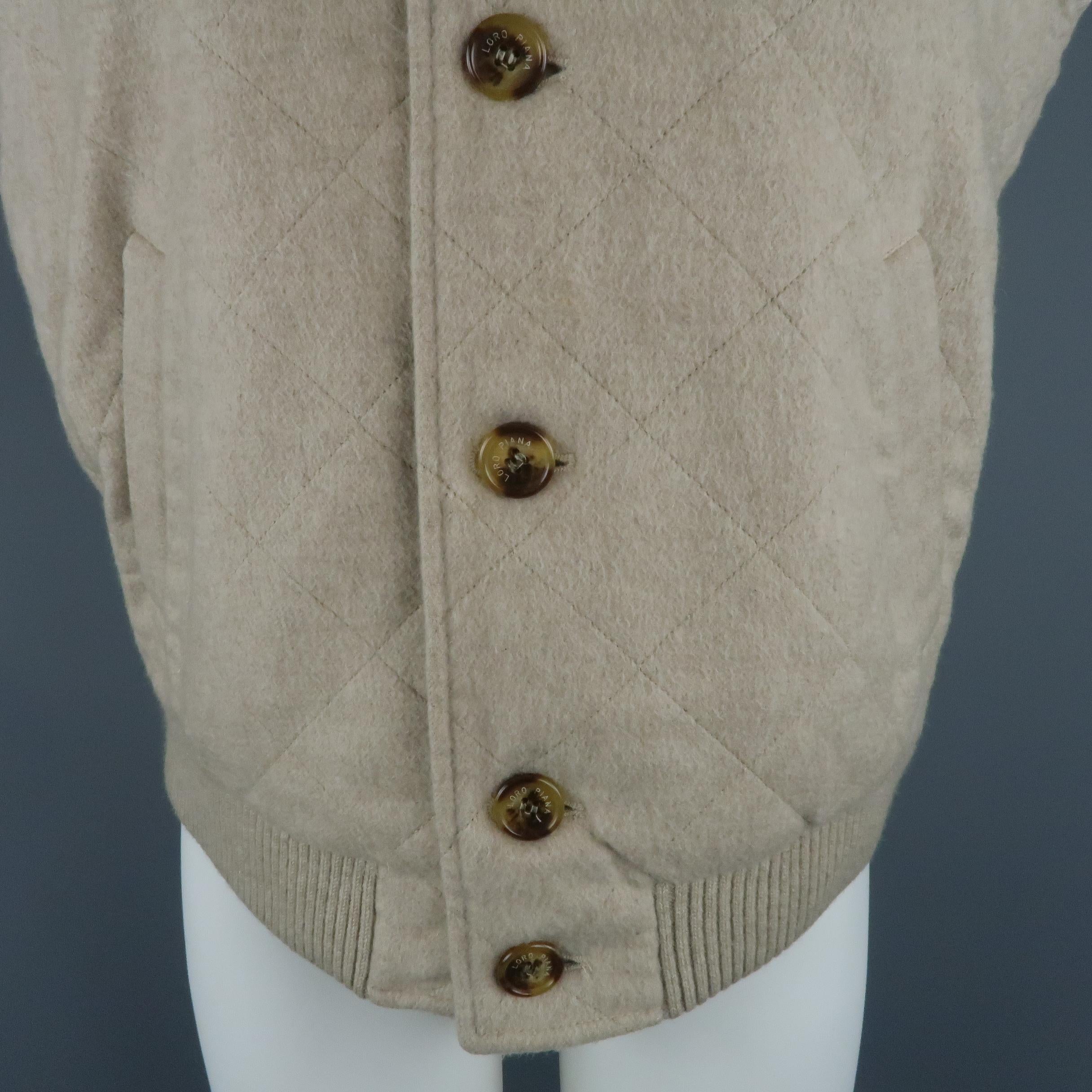 Men's LORO PIANA S Oatmeal Beige Quilted Cashmere Ribbed Collar Vest