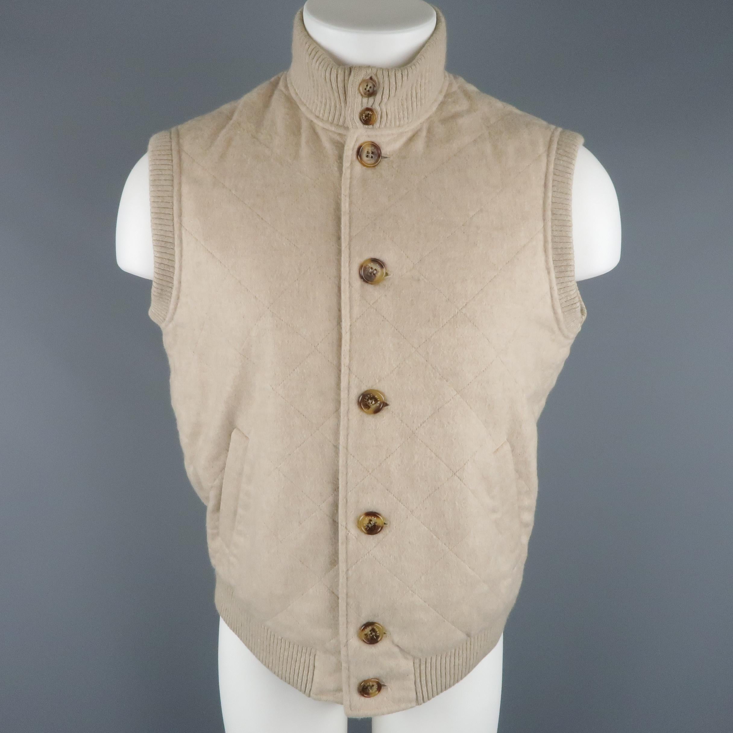 LORO PIANA S Oatmeal Beige Quilted Cashmere Ribbed Collar Vest 1