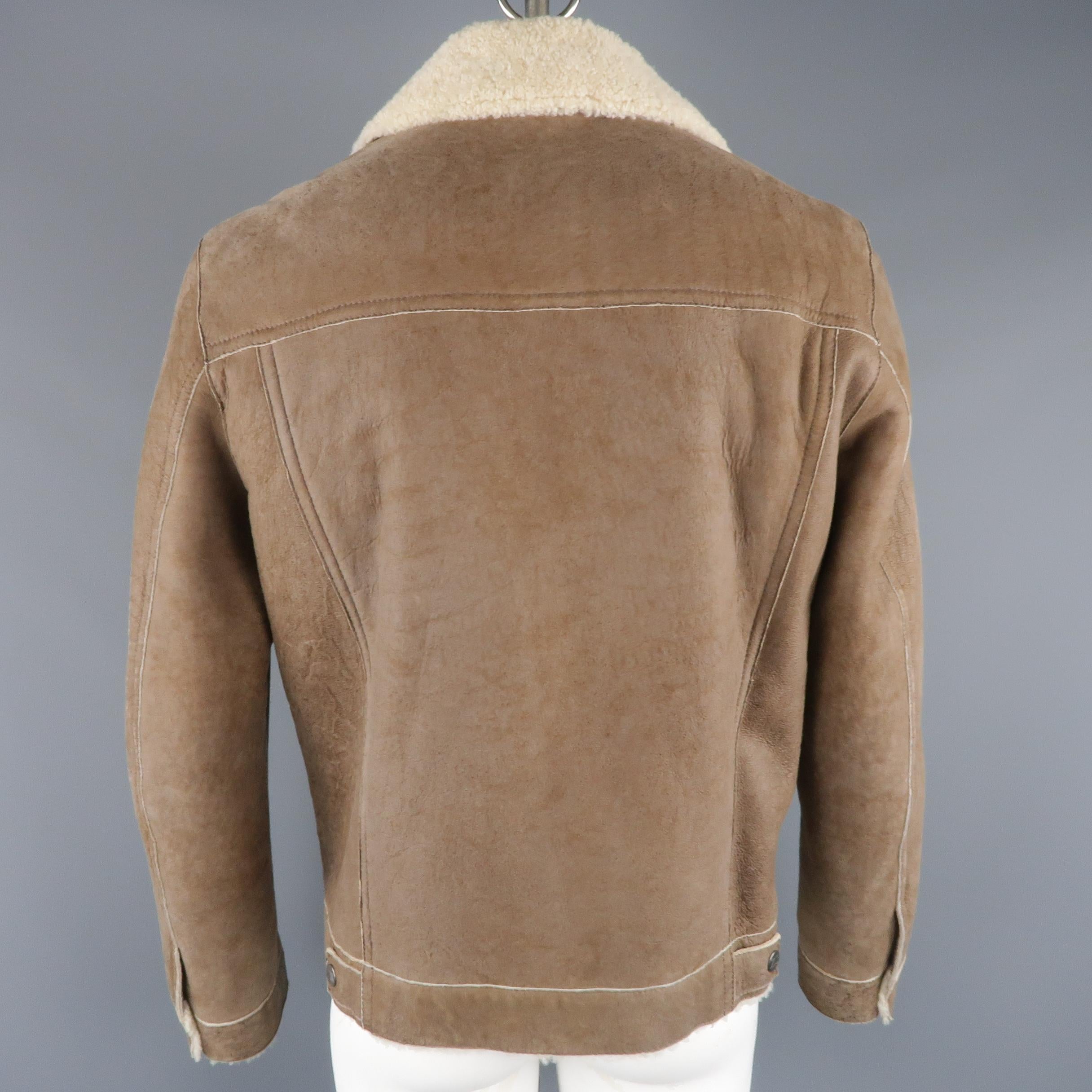 Men's ZEGNA SPORT L Taupe Distressed Shearling Cream Lapel Biker Jacket In Excellent Condition In San Francisco, CA