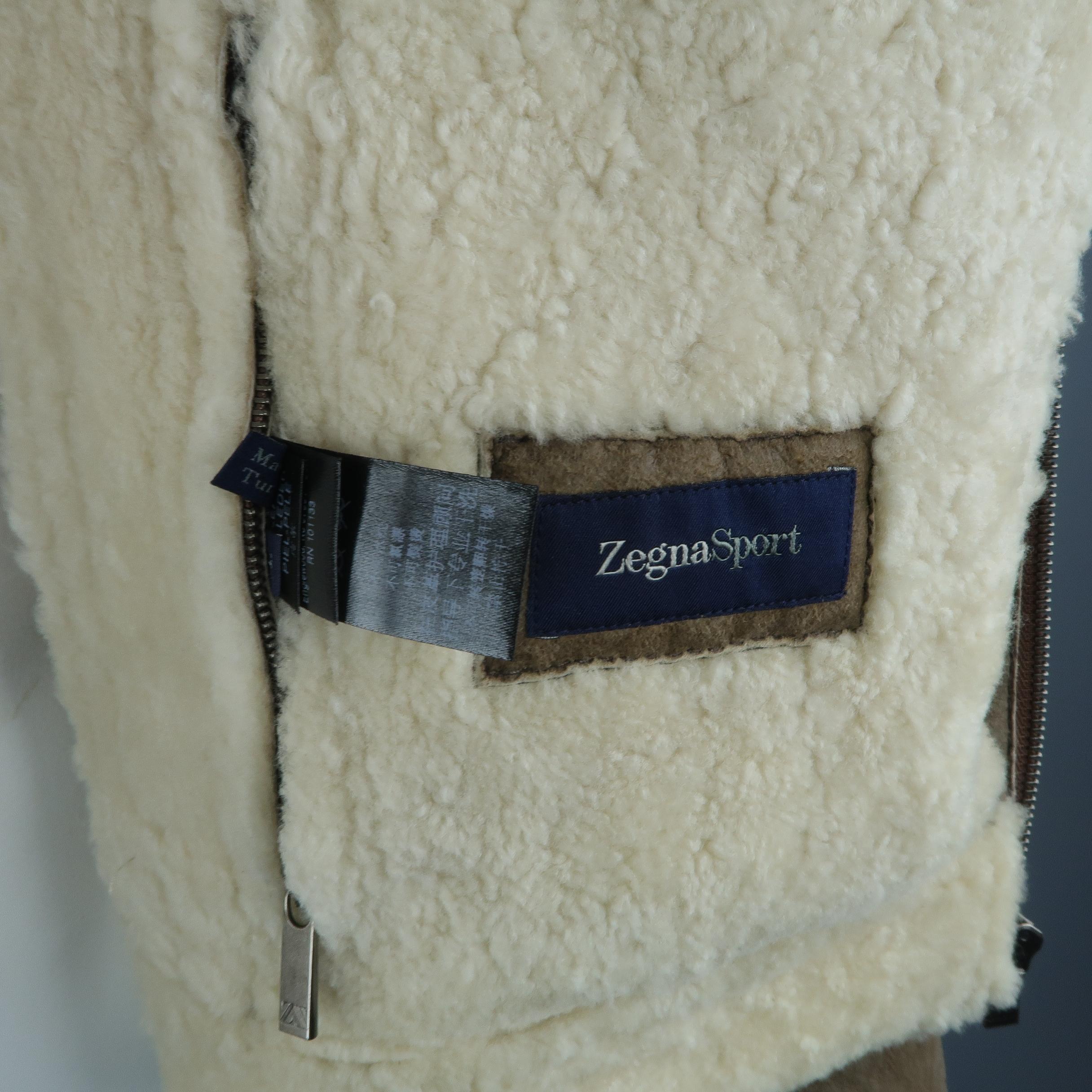 Men's ZEGNA SPORT L Taupe Distressed Shearling Cream Lapel Biker Jacket 1