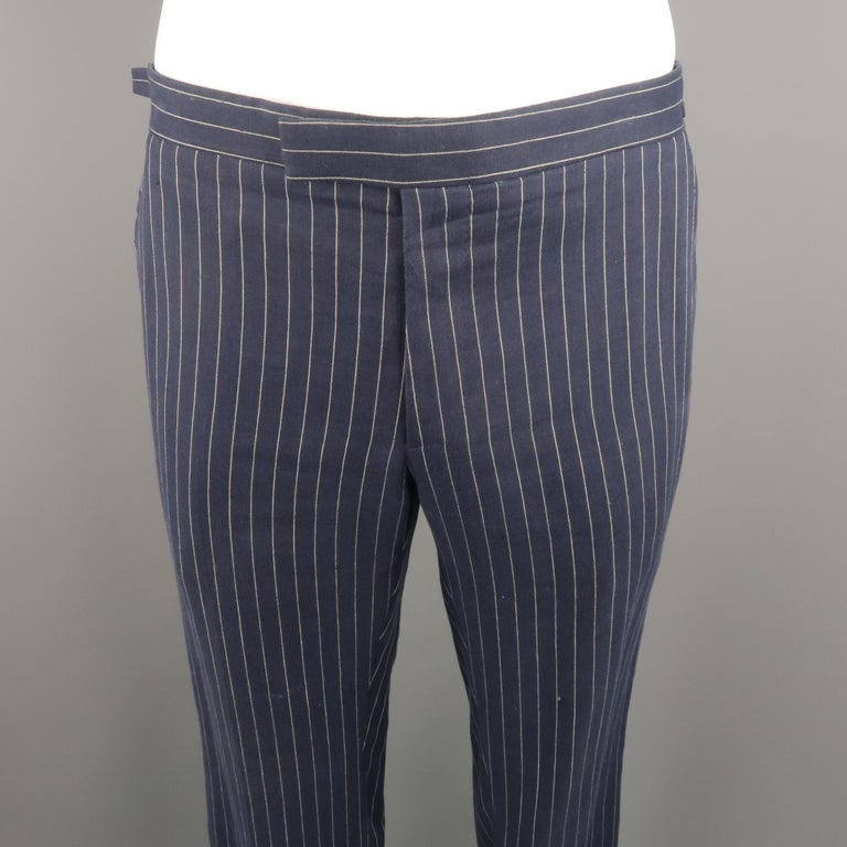 RALPH LAUREN Size 34 Navy Stripe Linen Dress Pants at 1stDibs