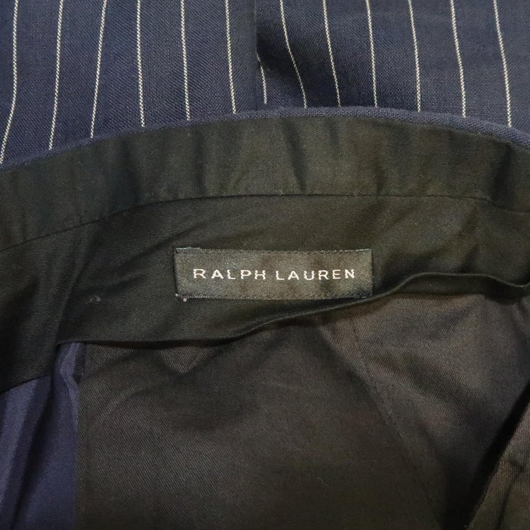 RALPH LAUREN Size 34 Navy Stripe Linen Dress Pants at 1stDibs