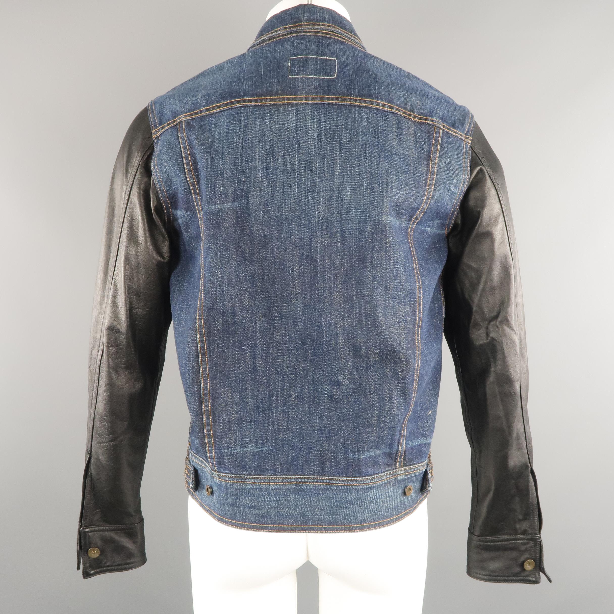 Gray RAG & BONE M Indigo Denim Leather Sleeves Trucker Jacket
