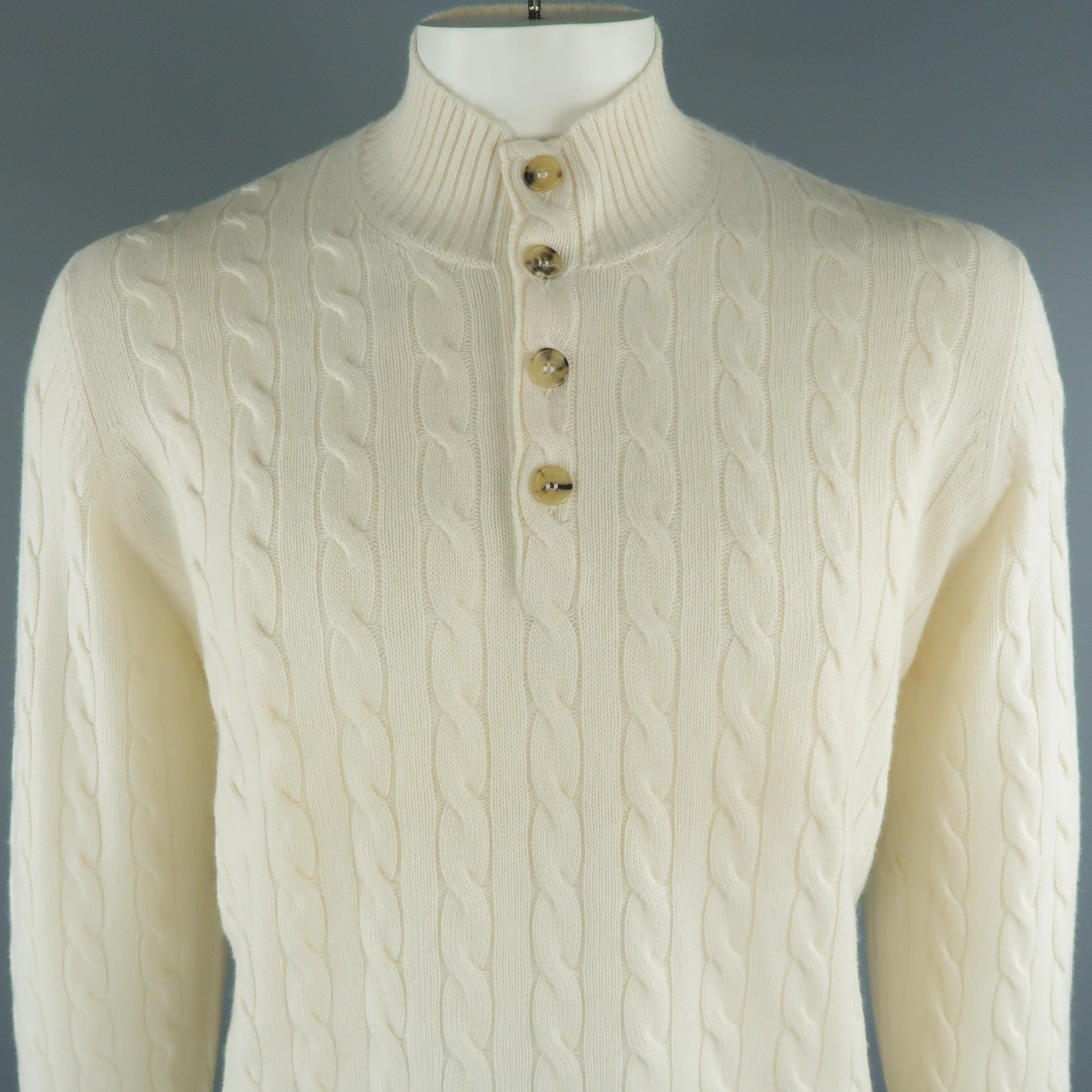 BRUNELLO CUCINELLI henley sweater come in 100% cashmere in a cream tone, cable knit, with ribbed cuffs and waistband. Made in Italy.
 
New with Tags.
Marked: 54 IT
 
Measurements:
 
Shoulder: 17 in.
Chest: 46 in.
Sleeve: 26.5  in.
Length: 28  in.