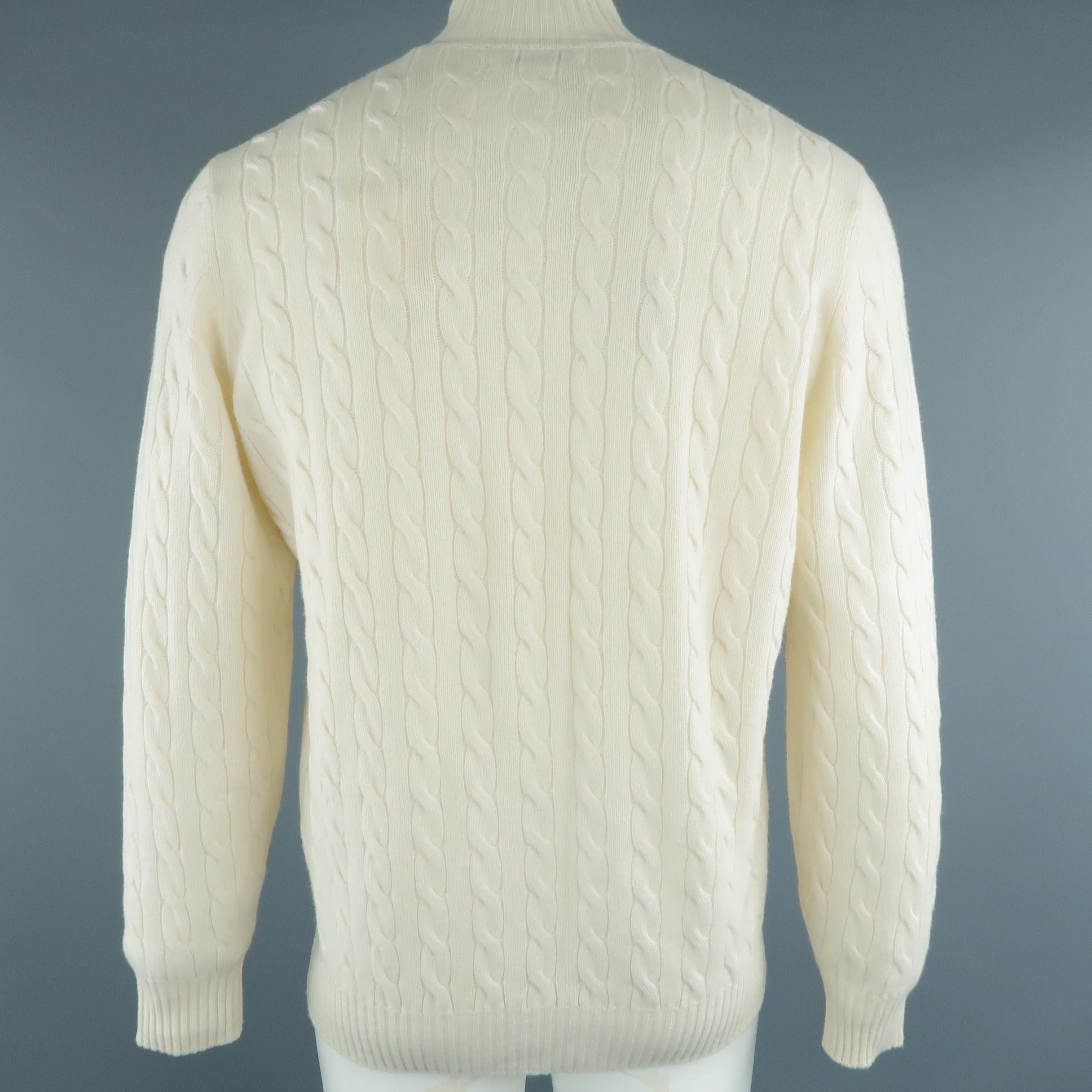 BRUNELLO CUCINELLI Size 44 Cream Cable Knit Cashmere Henley Sweater In New Condition In San Francisco, CA