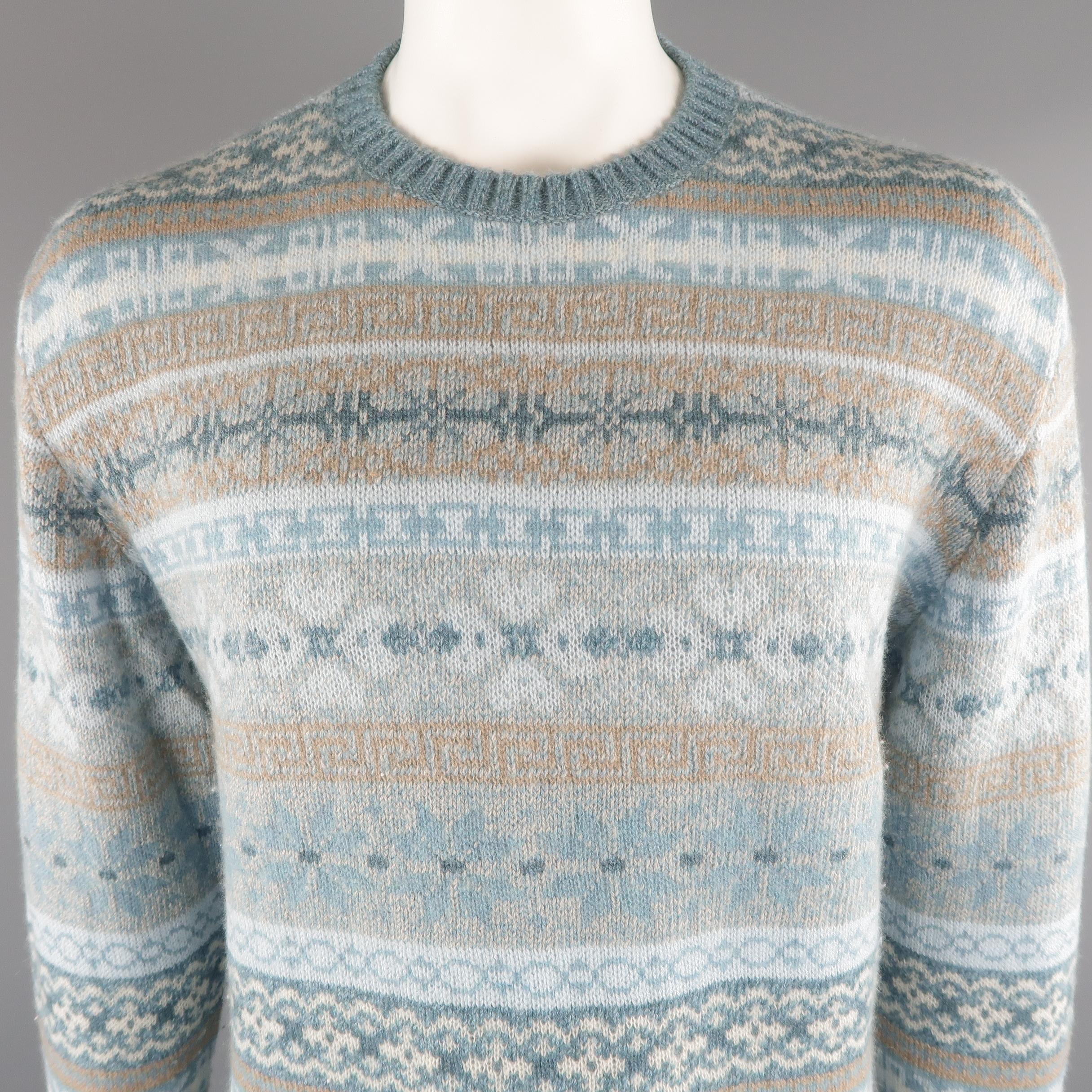LORO PIANA  sweater comes in an oatmeal tone in 100% cashmere material, fairisle, ribbed knit, with a crewneck and ribbed cuff and waistband. Made in Italy.
 
Excellent Pre-Owned Condition.
Marked: 54 IT
 
Measurements:
 
Shoulder: 19 in.
Chest: 48