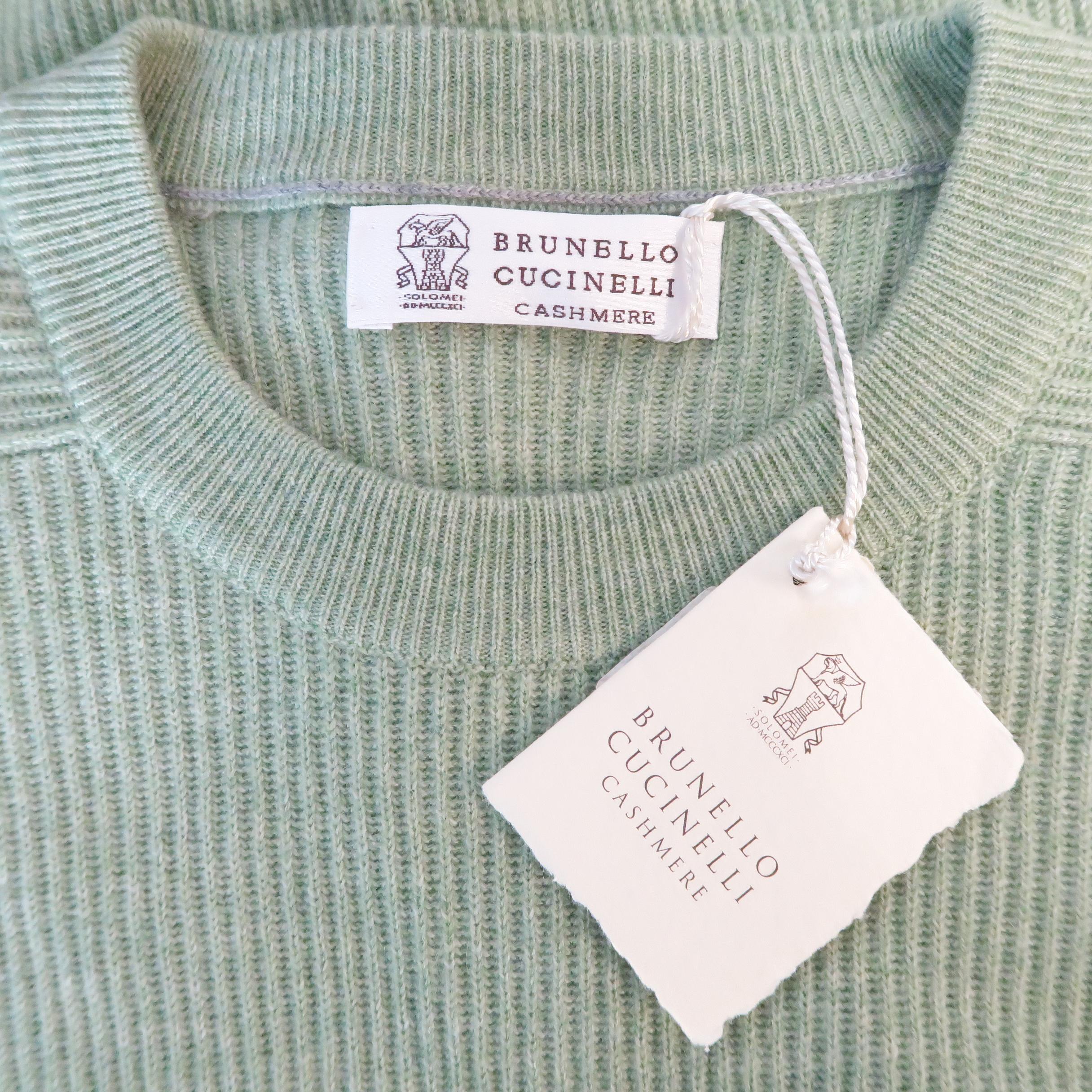 Men's BRUNELLO CUCINELLI Size 44 Green Ribbed Knit Cashmere Sweater 3