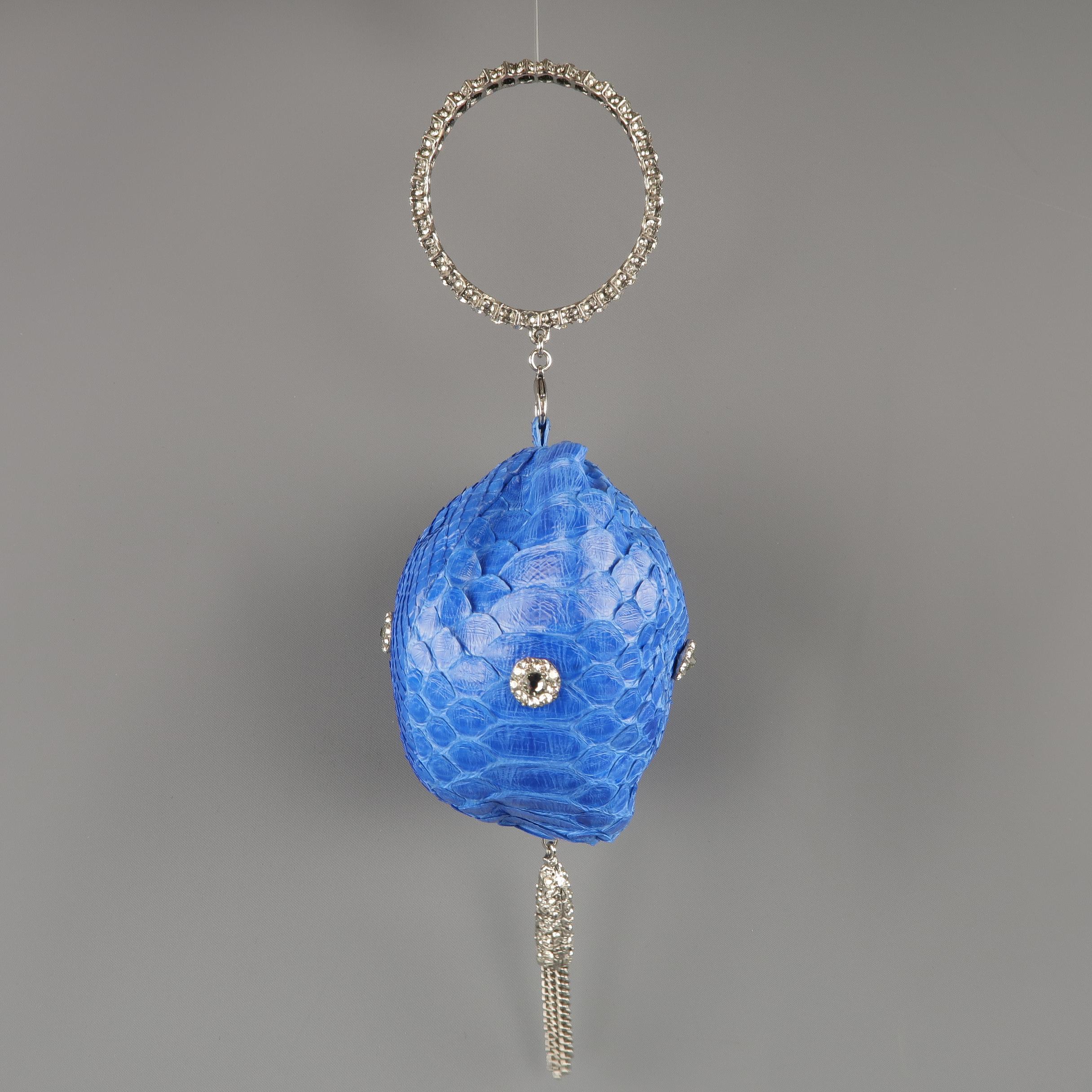CLARA KASAVINA Blue Python Skin Swarovski Crystal Hoop & Tassel Wristlet Handbag In Excellent Condition In San Francisco, CA