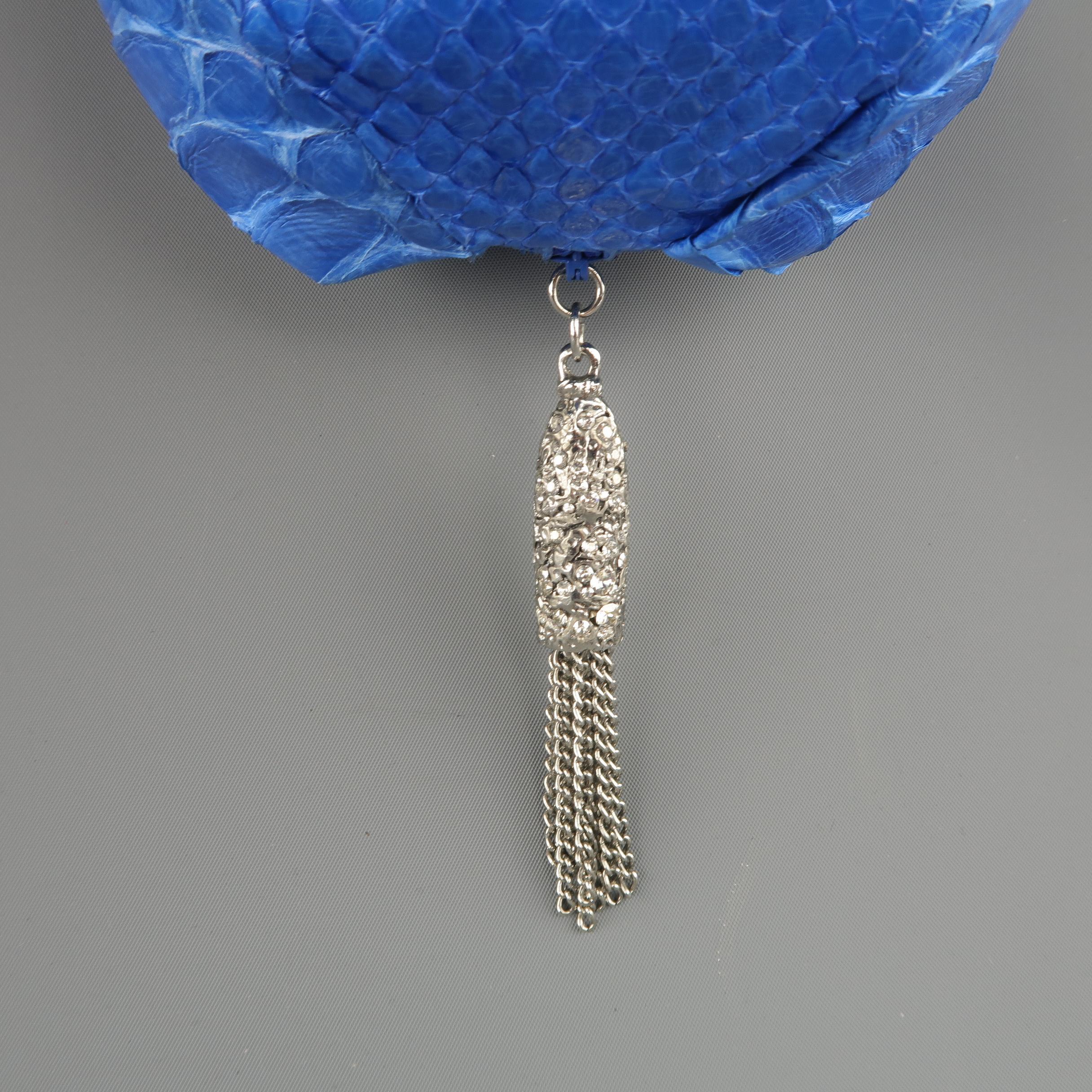 CLARA KASAVINA Blue Python Skin Swarovski Crystal Hoop & Tassel Wristlet Handbag 1