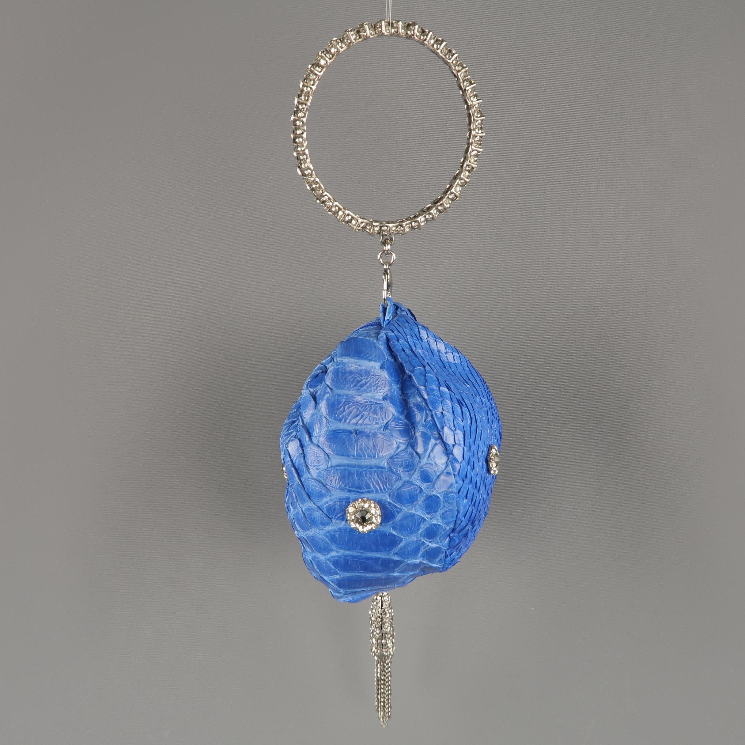 CLARA KASAVINA Blue Python Skin Swarovski Crystal Hoop & Tassel Wristlet Handbag 2