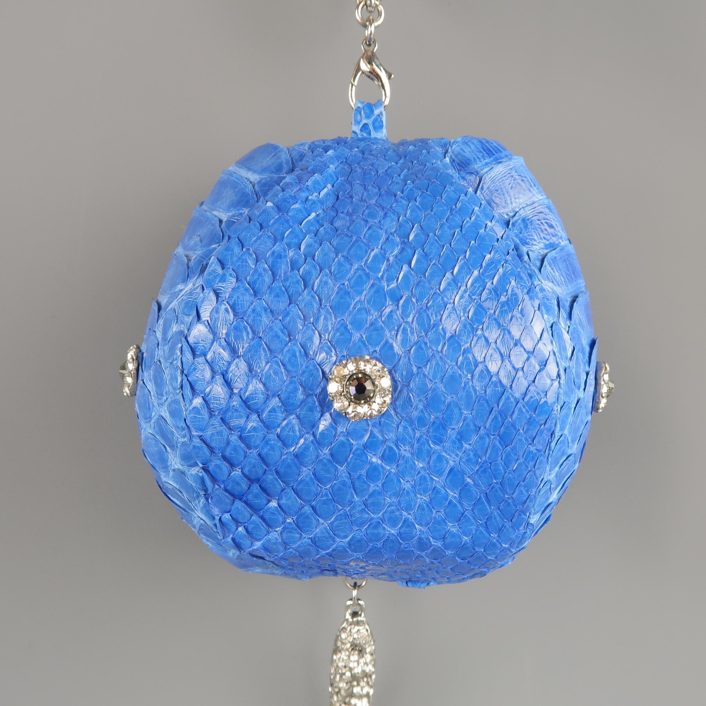 Women's CLARA KASAVINA Blue Python Skin Swarovski Crystal Hoop & Tassel Wristlet Handbag