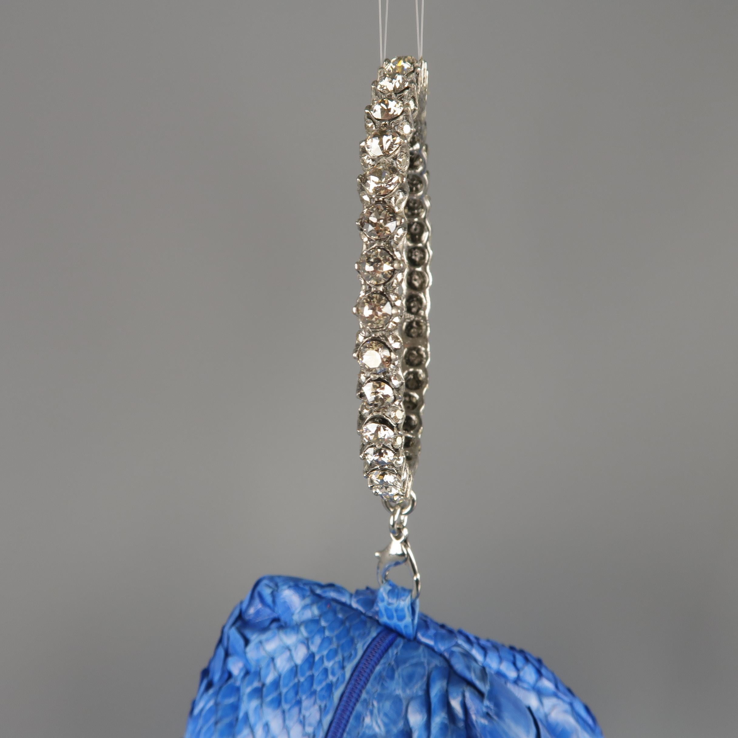 CLARA KASAVINA Blue Python Skin Swarovski Crystal Hoop & Tassel Wristlet Handbag 3