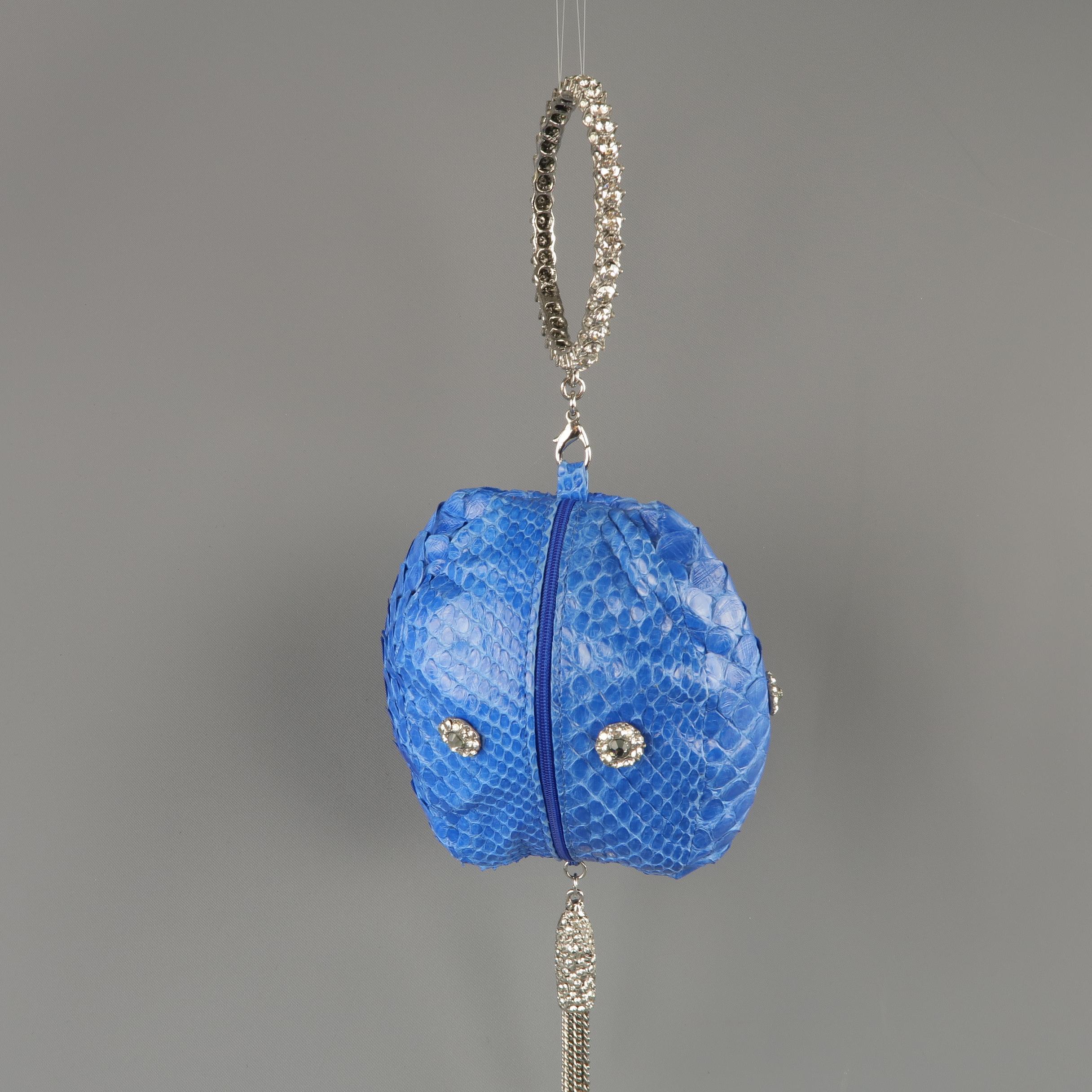 CLARA KASAVINA Blue Python Skin Swarovski Crystal Hoop & Tassel Wristlet Handbag 4