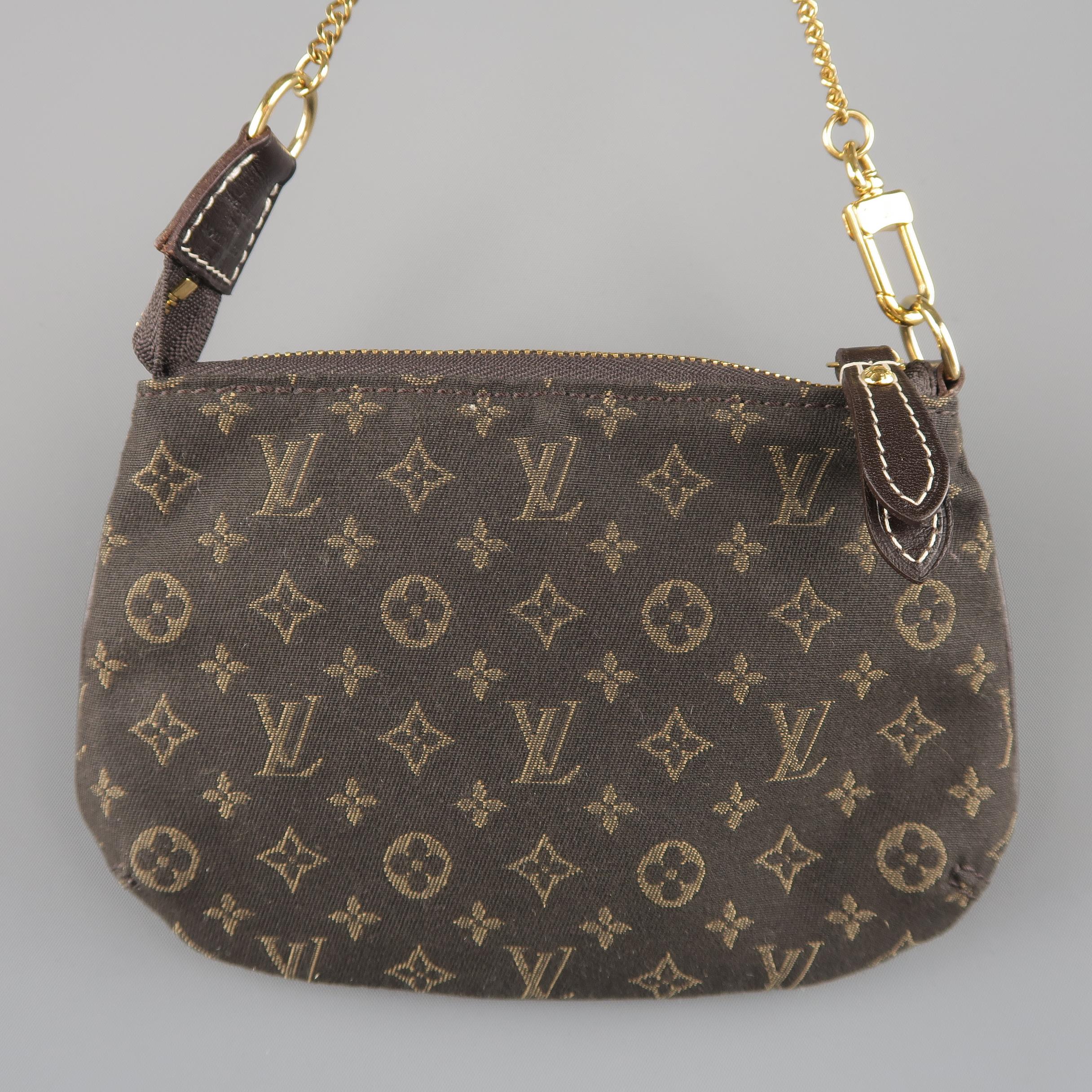 Black LOUIS VUITTON Brown Monogram Fabric Gold Chain Strap Mini Purse Wallet Pouch Bag