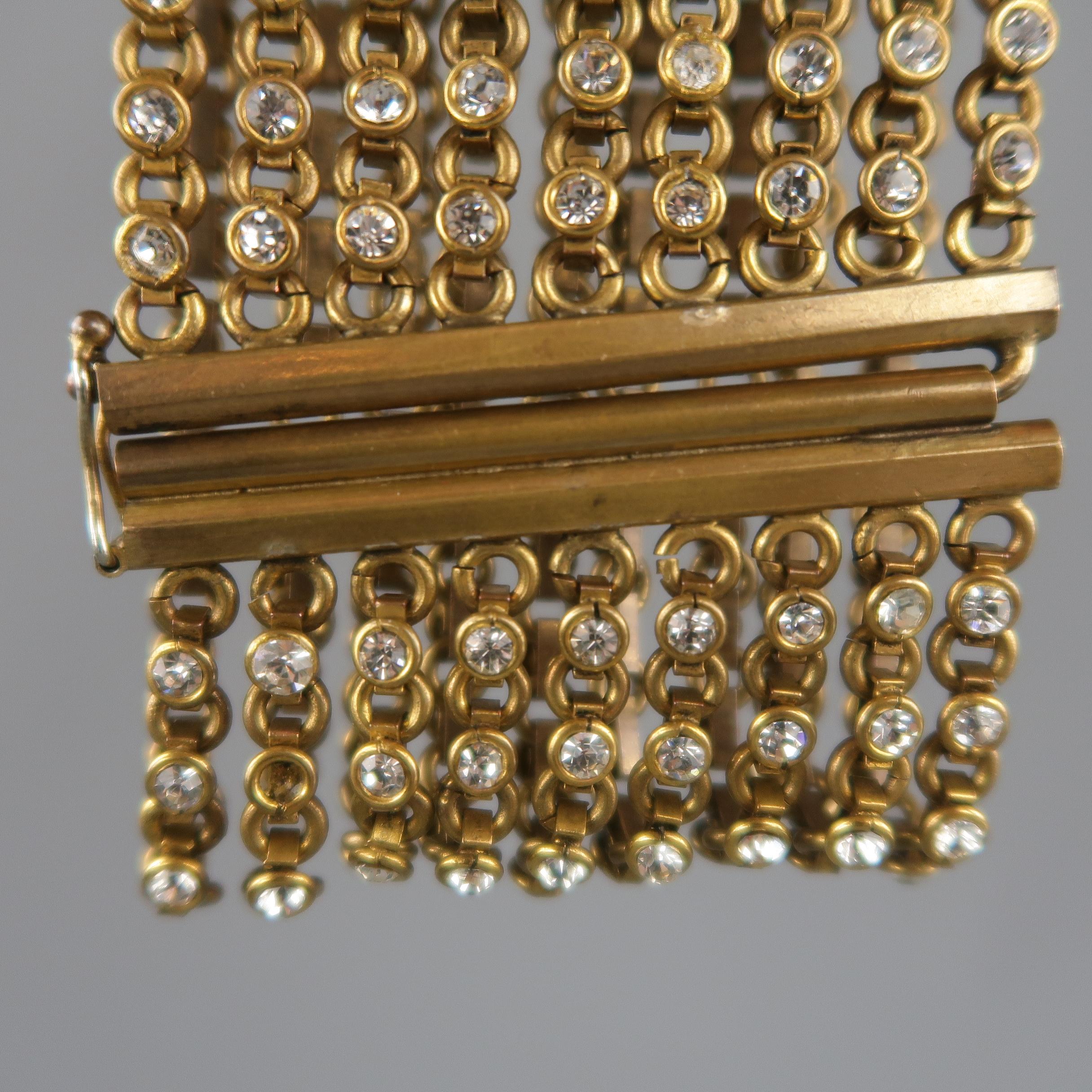 CHANEL Vintage Antique Gold Brass Rhinestone Chain Cuff Bracelet, 1950s 3