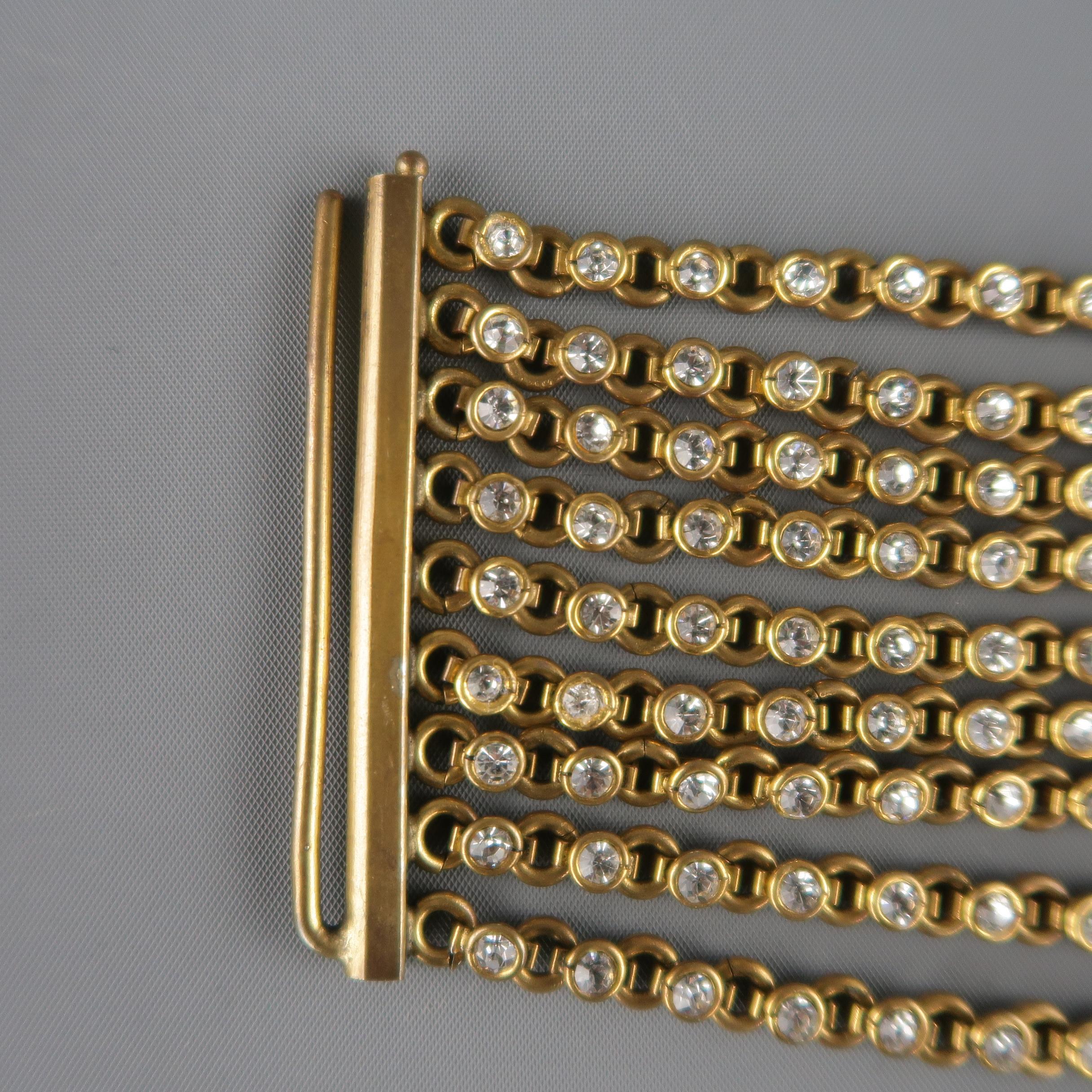 CHANEL Vintage Antique Gold Brass Rhinestone Chain Cuff Bracelet, 1950s In Good Condition In San Francisco, CA