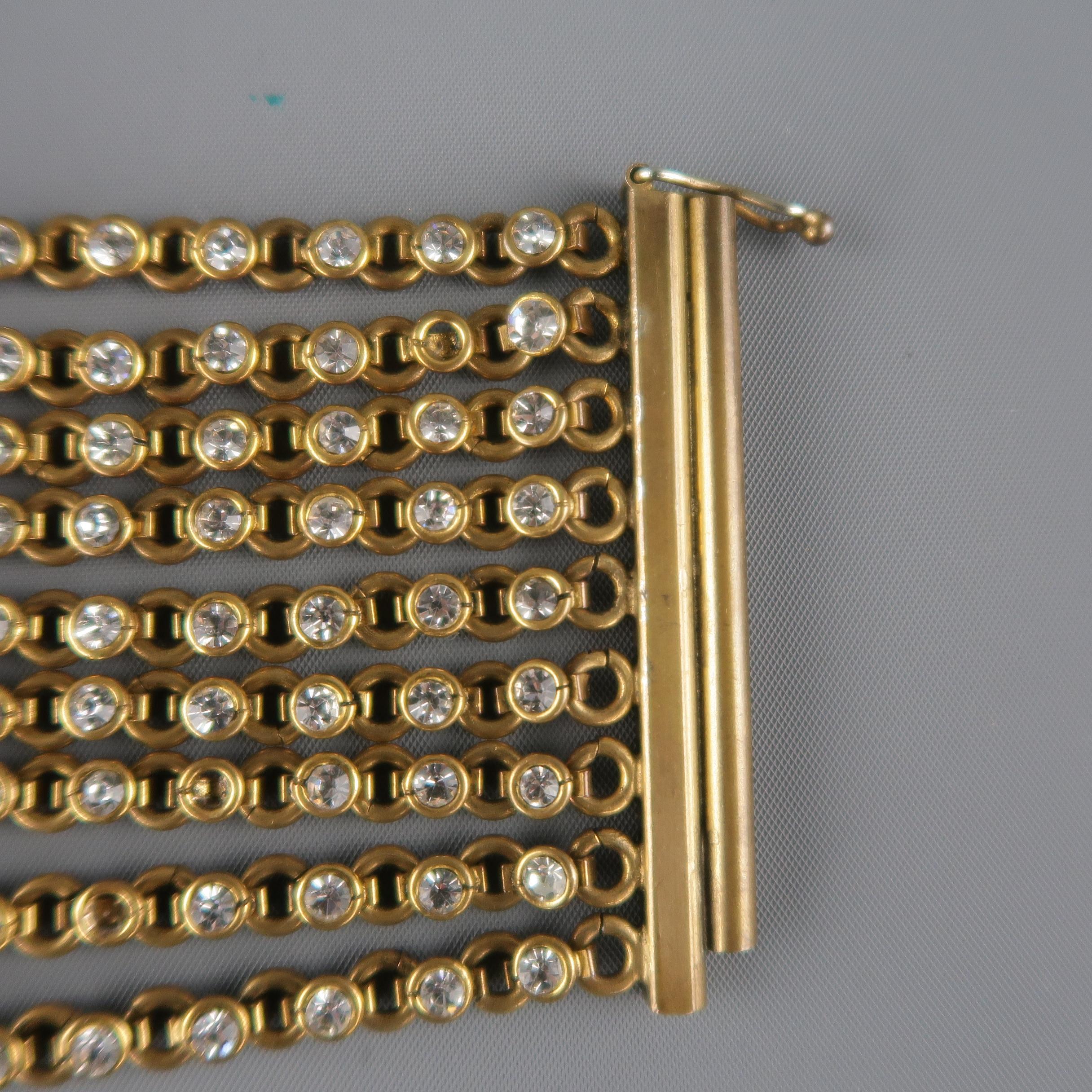Women's CHANEL Vintage Antique Gold Brass Rhinestone Chain Cuff Bracelet, 1950s