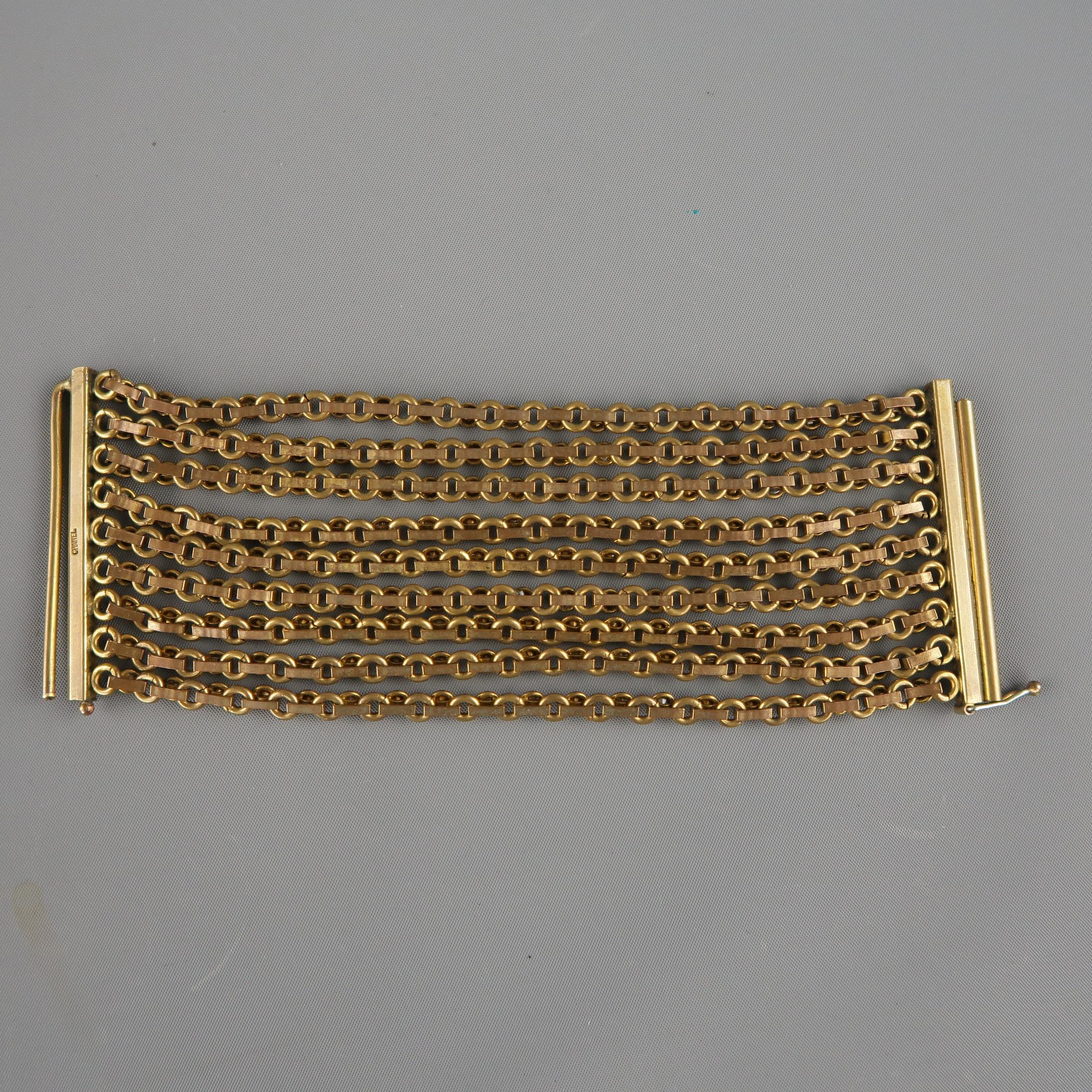 CHANEL Vintage Antique Gold Brass Rhinestone Chain Cuff Bracelet, 1950s 1