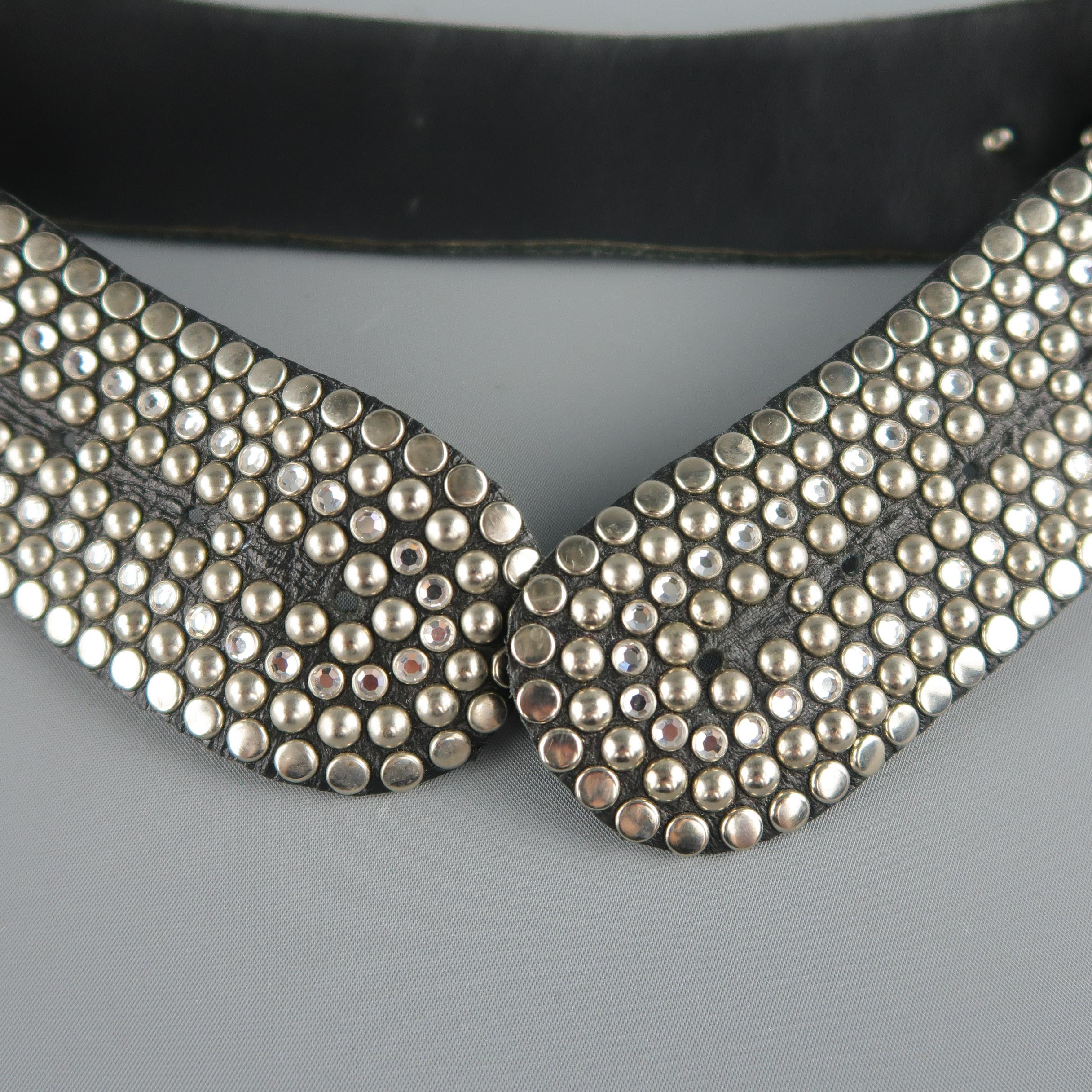 Vintage KIPPYS Black Silver & Rhinestone Studded Leather Belt Strap In Excellent Condition In San Francisco, CA