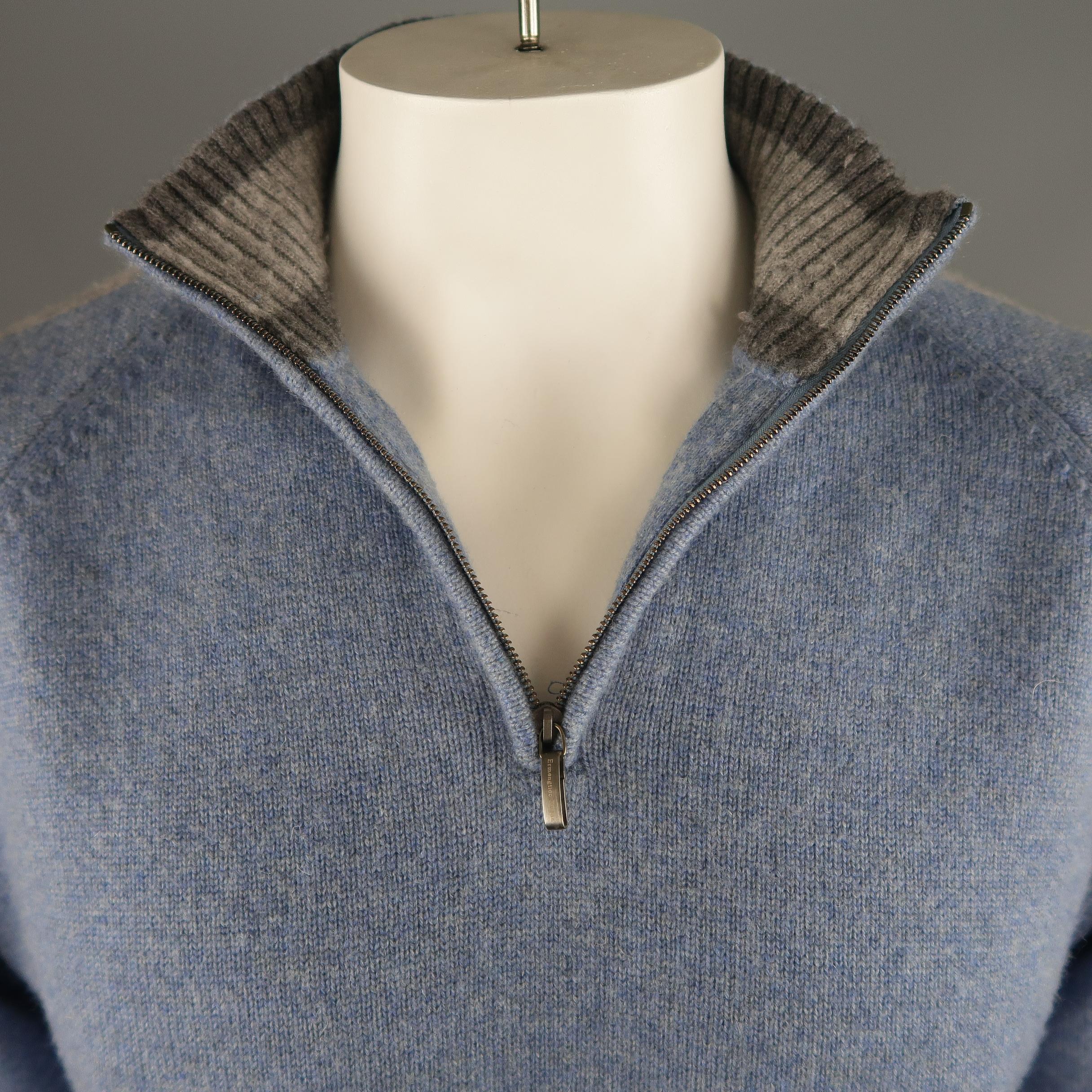 Gray ERMENEGILDO ZEGNA Size 42 Blue & Grey Knitted Cashmere Half Zip Sweater