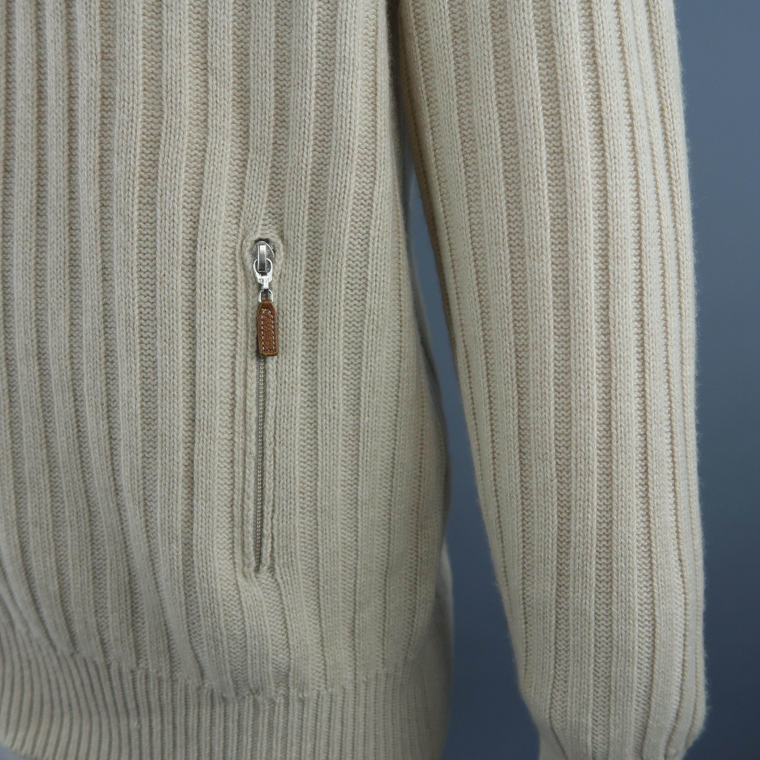 Men's BRUNELLO CUCINELLI Size 44 Beige Knitted Cashmere Zip Up Cardigan Sweater