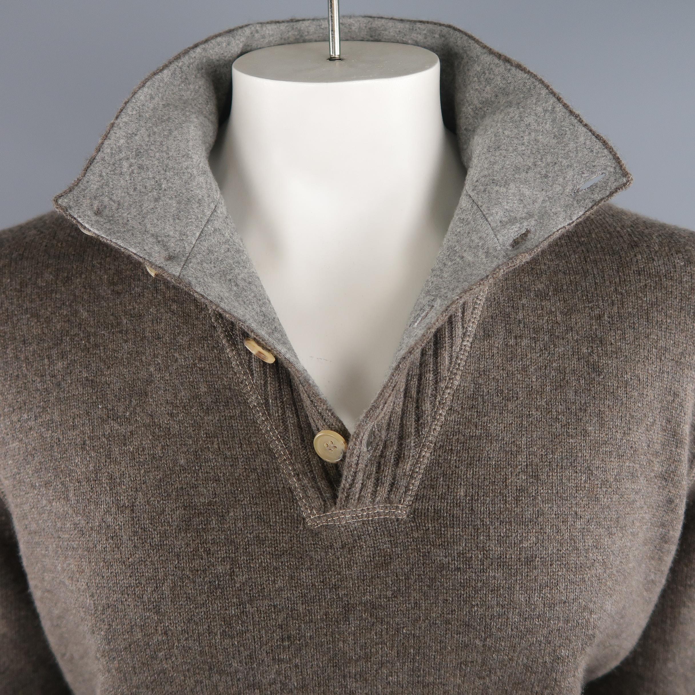 Gray BRUNELLO CUCINELLI Size 44 Taupe Knitted Cashmere Buttoned High Collar Sweater