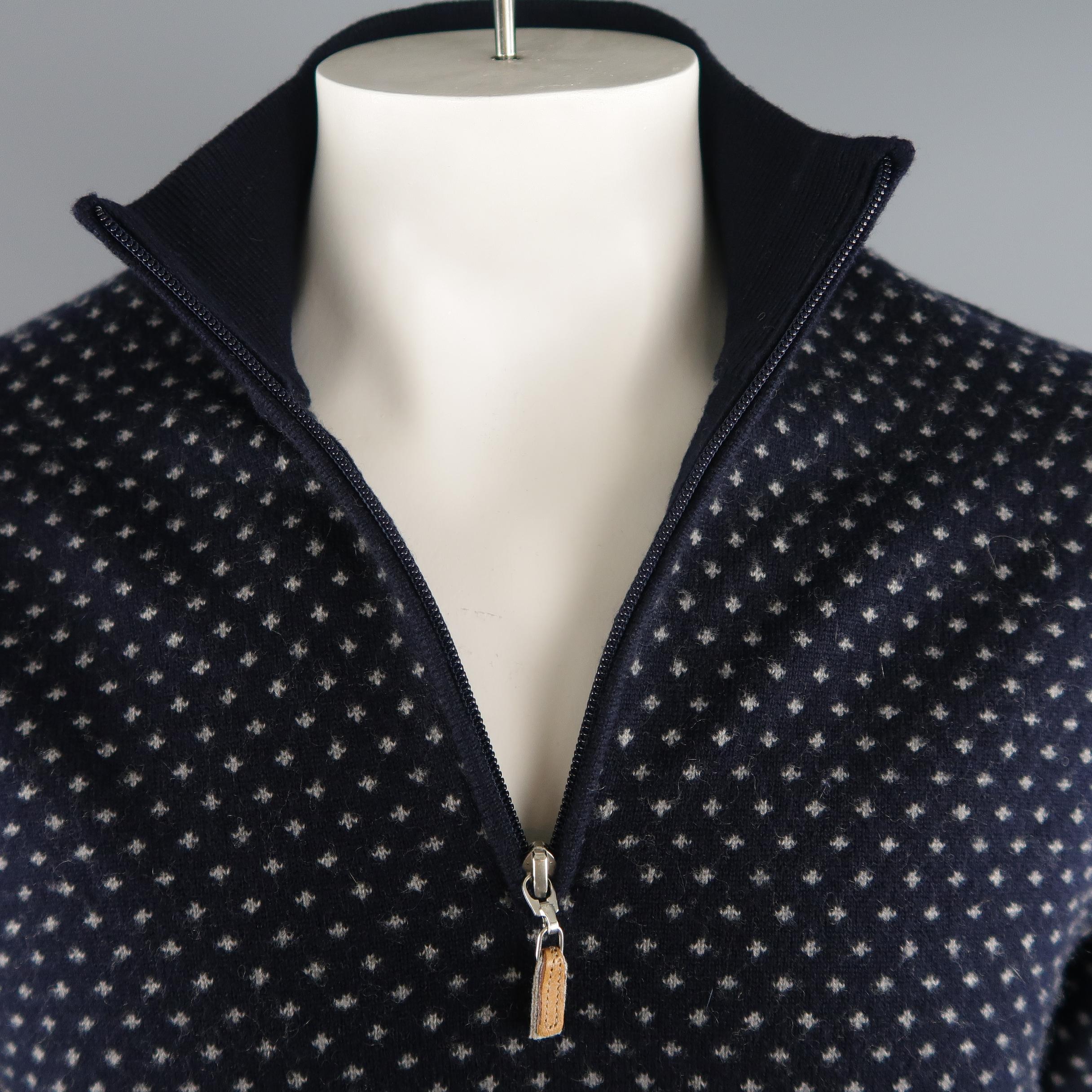 Black BRUNELLO CUCINELLI Size 46 Navy & Grey Knitted Cashmere Half Zip Sweater