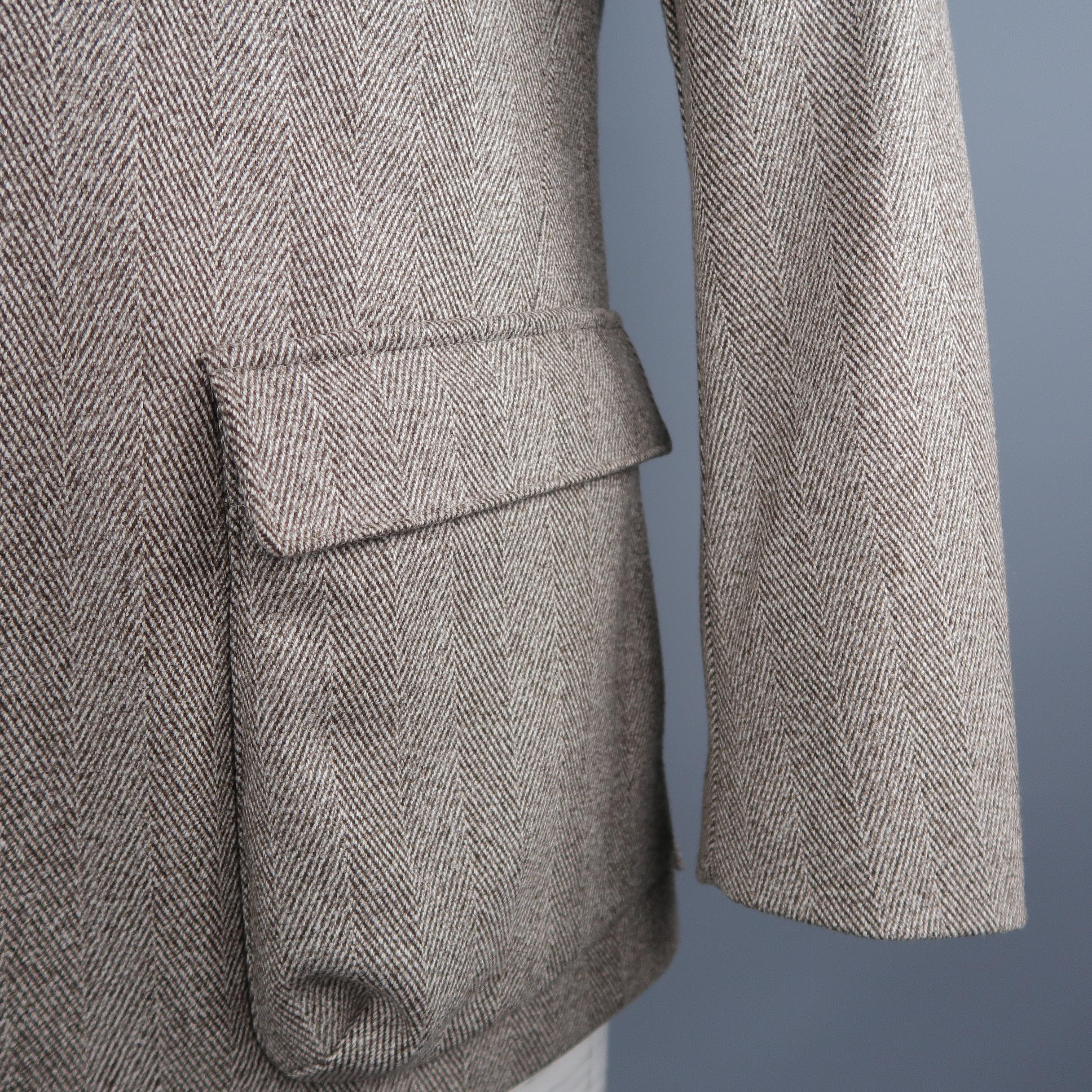 LORO PIANA L Brown Herringbone Wool Jacket In New Condition In San Francisco, CA