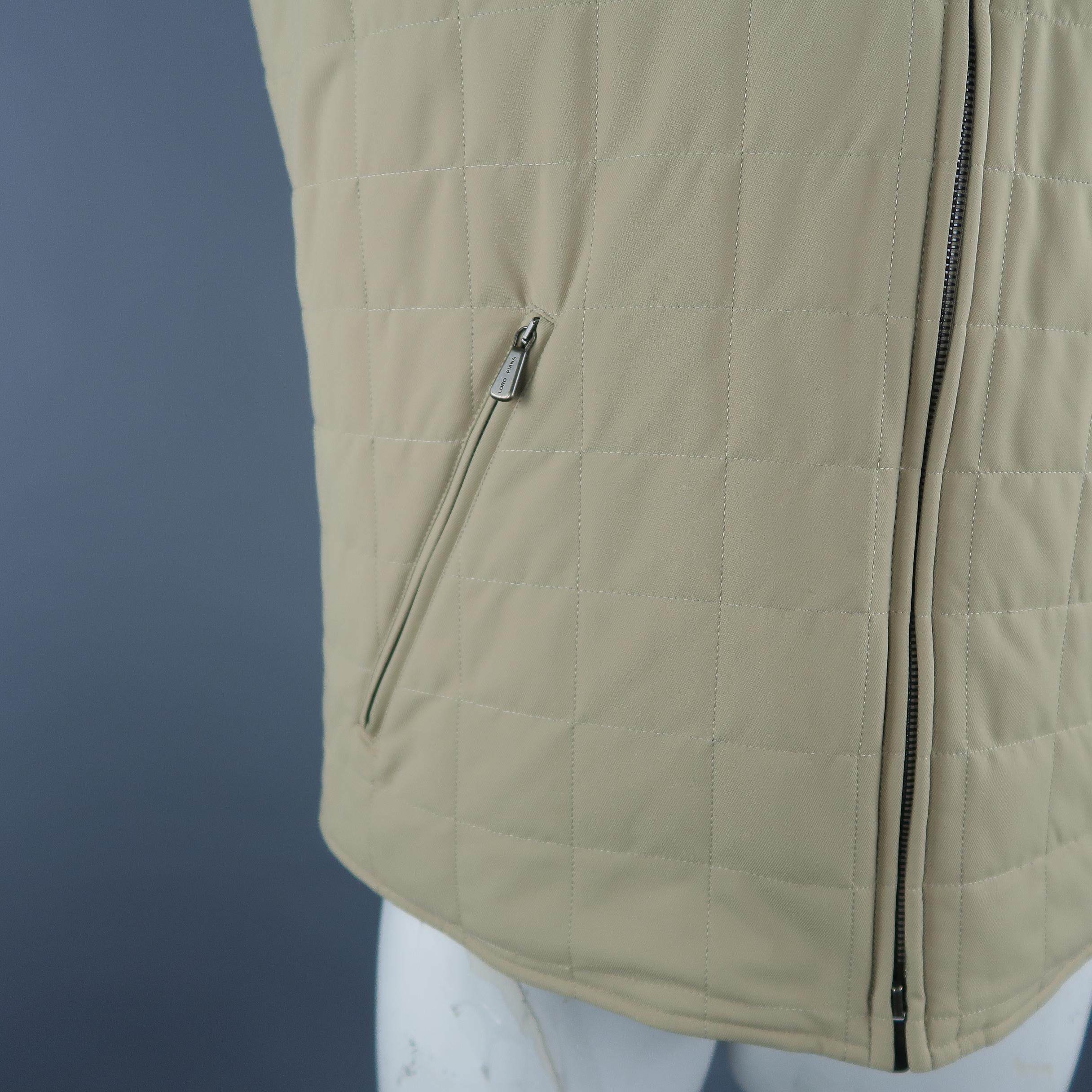 Brown LORO PIANA XL Khaki Quilted Nylon Zip Up Vest