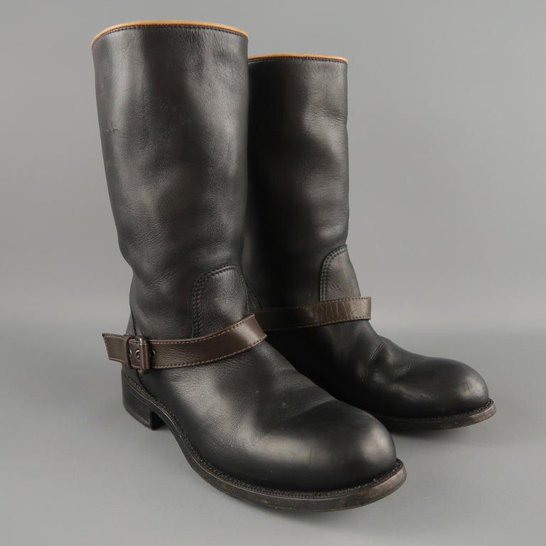 BOTTEGA VENETA Size 10 Black Leather Brown Ankle Strap Biker Boots at ...