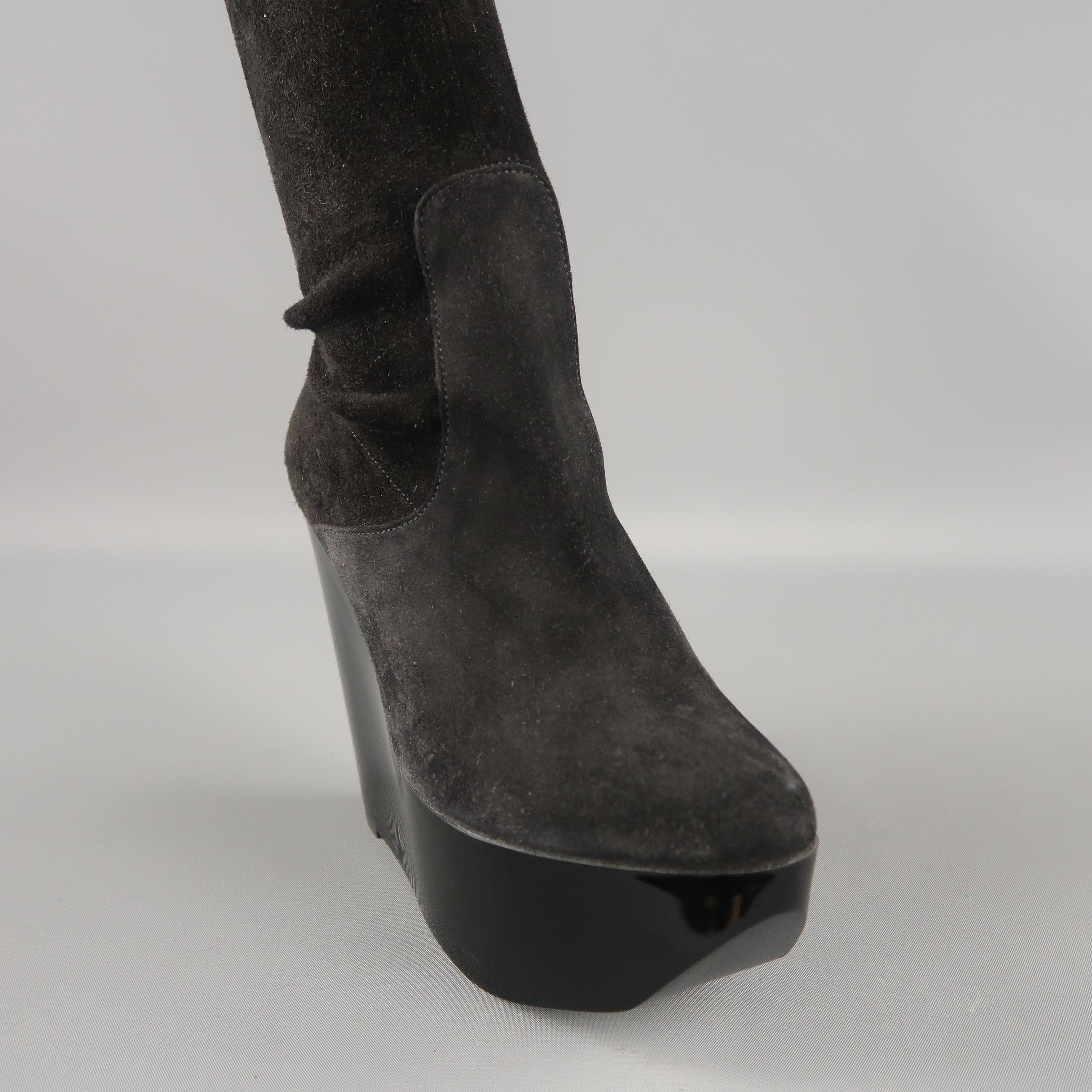 Women's ROBERT CLERGERIE Size 5 Black Suede Lacquared Platform Wedge Thigh High Boots