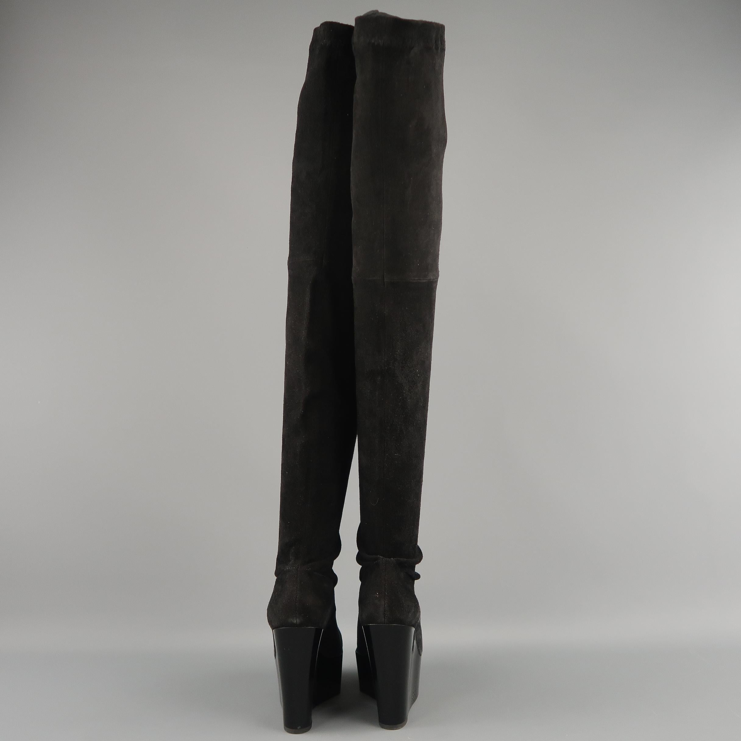 ROBERT CLERGERIE Size 5 Black Suede Lacquared Platform Wedge Thigh High Boots 3