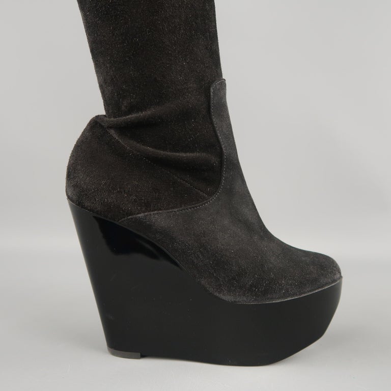 ROBERT CLERGERIE Size 5 Black Suede Lacquared Platform Wedge Thigh High ...